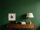 Teal Kilim Fish on Pale Grey Stripe woven wall art shown hanging in a styled room, for scale - WA-FSH-TEA-5050-018