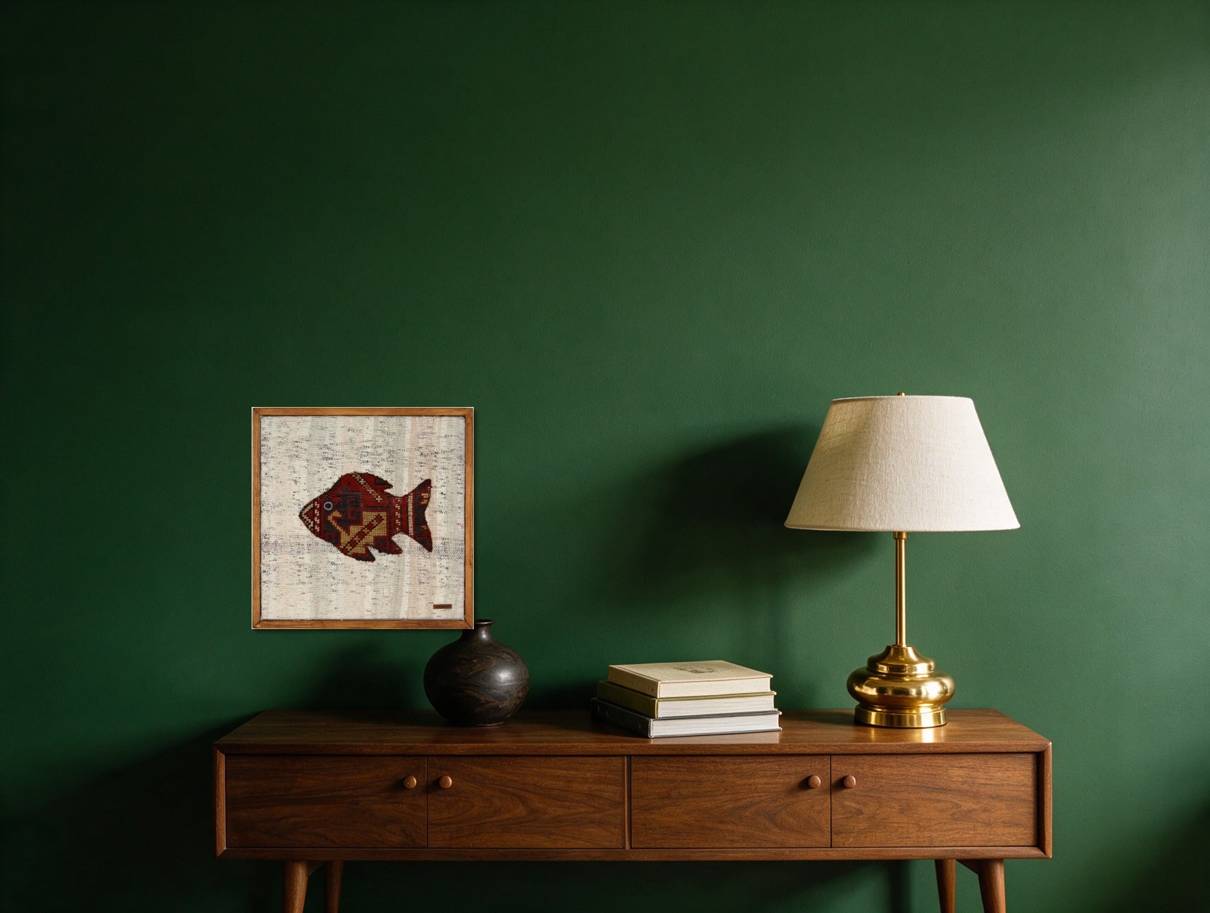 Red & Gold Kilim Fish on Flecked Cream woven wall art in a second styled room setting, for scale - WA-FSH-RED-5050-021