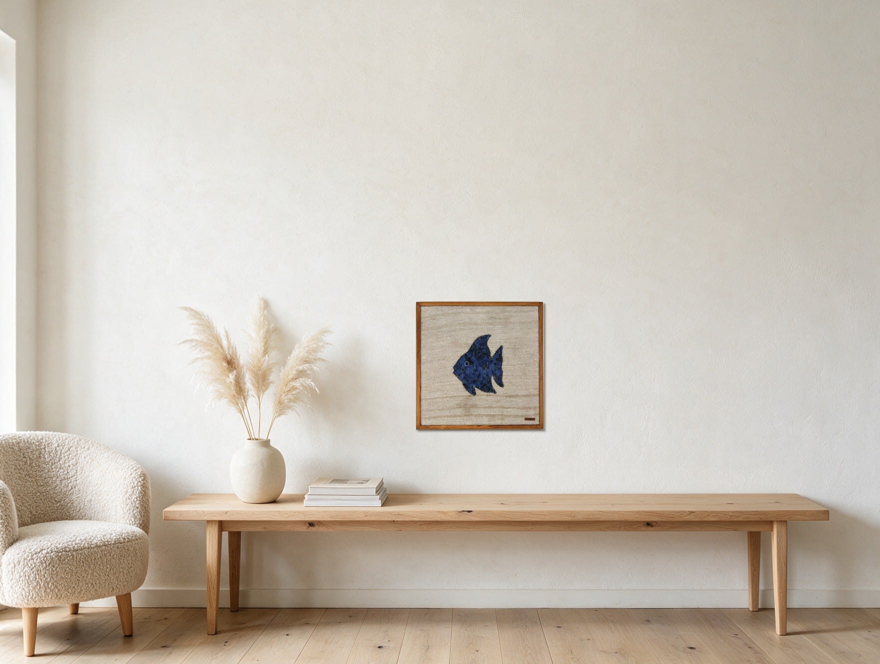 Indigo Kilim Fish on Warm Oatmeal woven wall art in a second styled room setting, for scale - WA-FSH-IND-5050-022