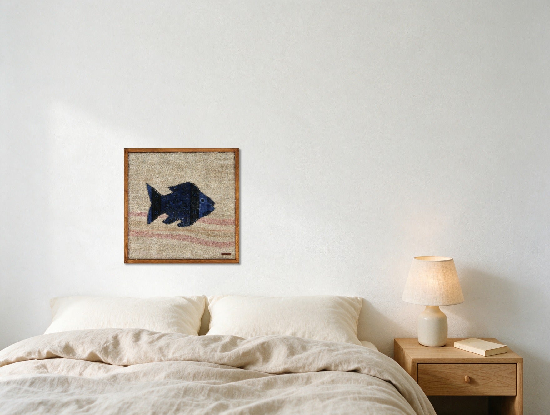 Navy Kilim Fish on Oatmeal & Rose woven wall art in a second styled room setting, for scale - WA-FSH-NAV-5050-023
