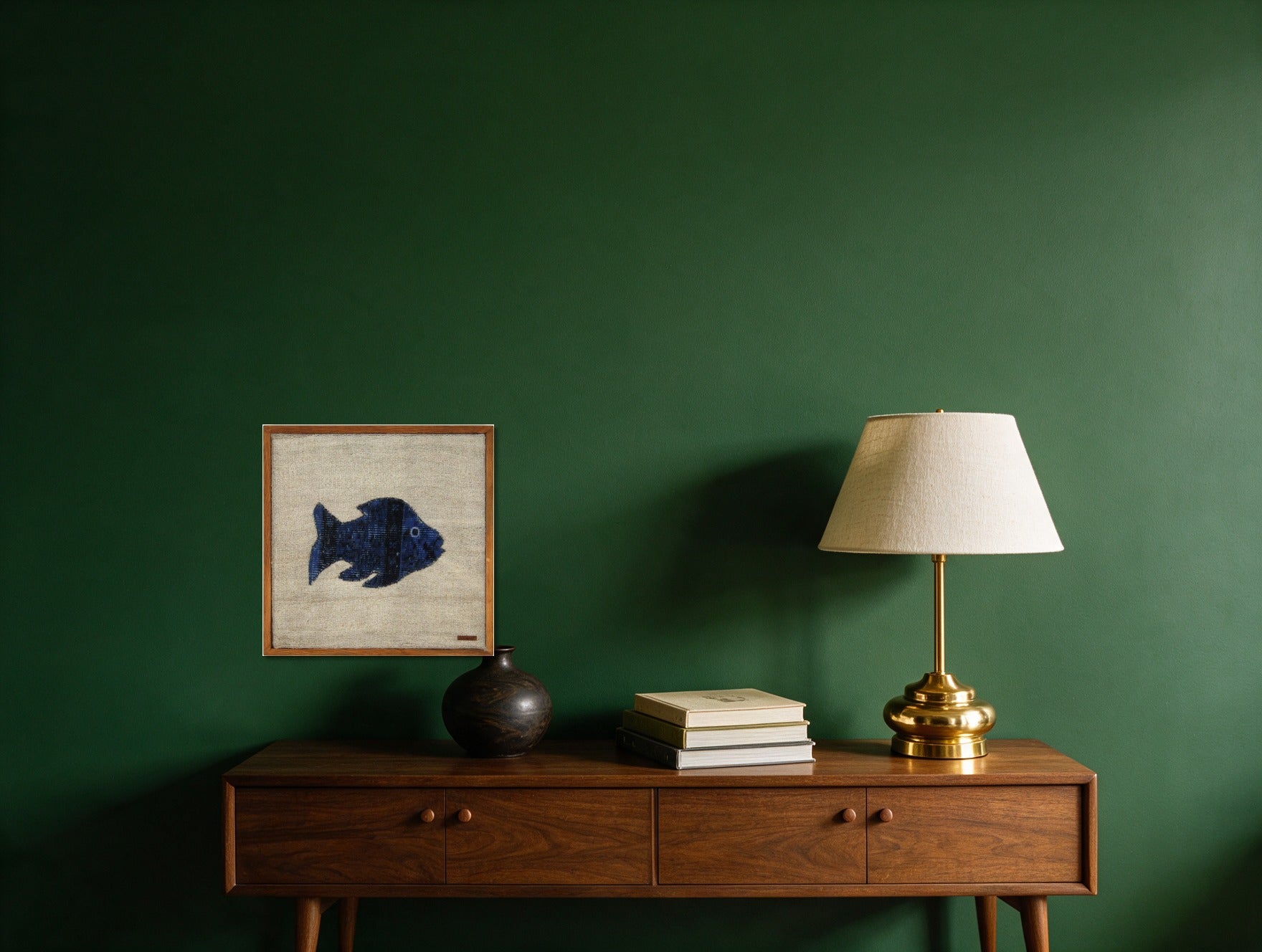 Cobalt Blue Kilim Fish on Oatmeal woven wall art in a second styled room setting, for scale - WA-FSH-COB-5050-025