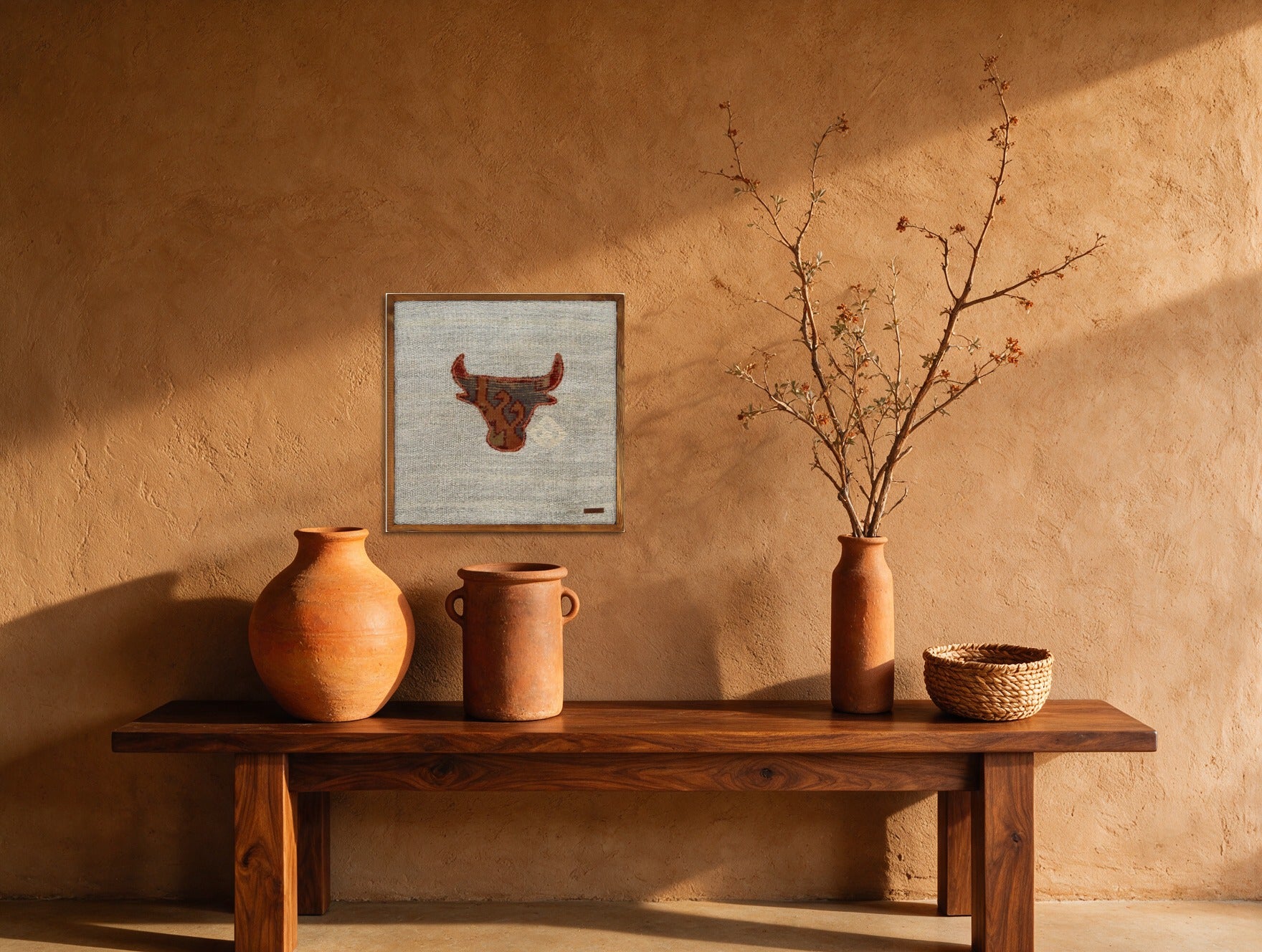 Rust Kilim Bull on Pale Sage woven wall art in a second styled room setting, for scale - WA-BUL-RUS-5050-026