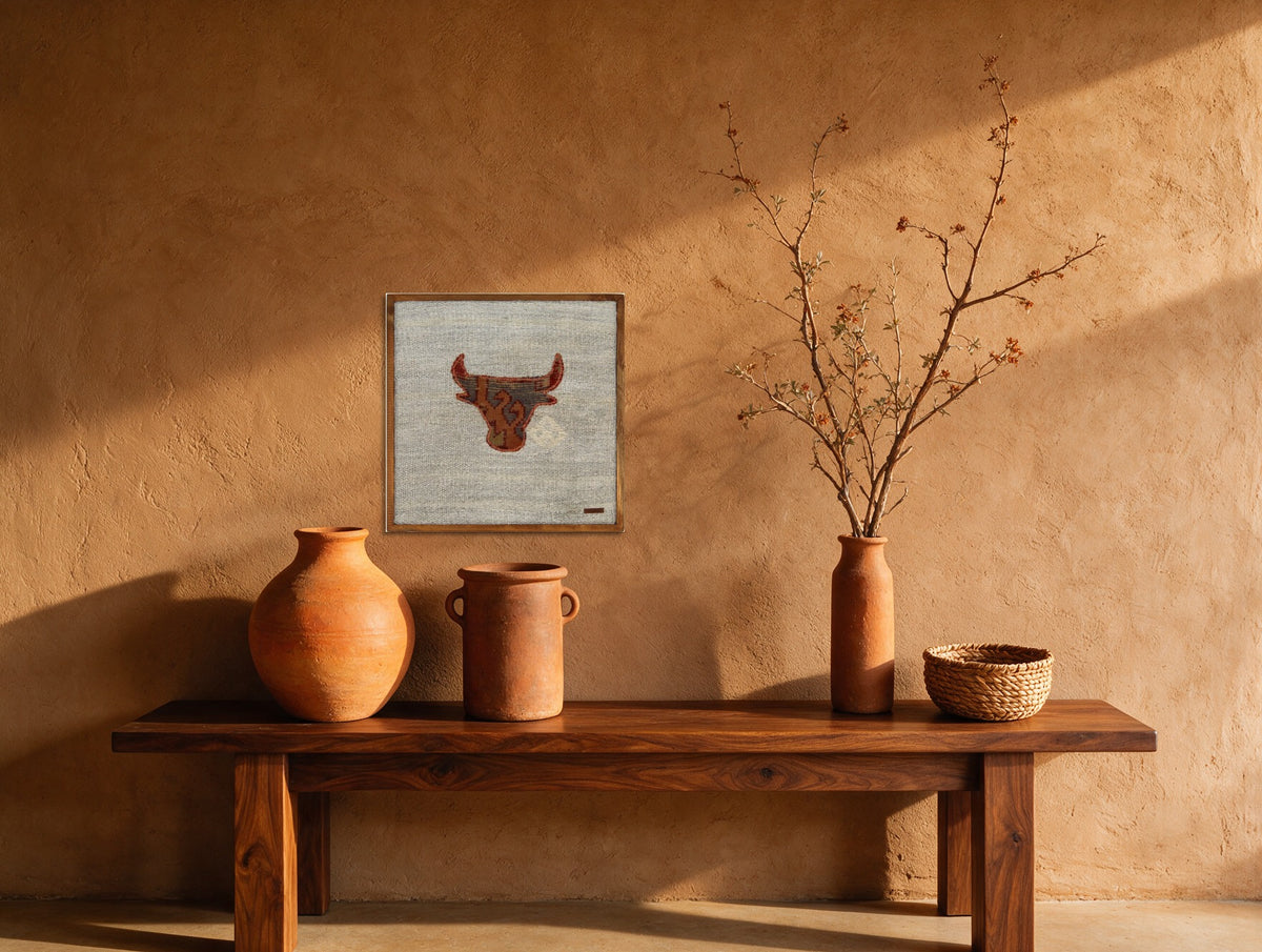 Rust Kilim Bull on Pale Sage woven wall art in a second styled room setting, for scale - WA-BUL-RUS-5050-026