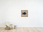 Cobalt Blue Kilim Fish on Oatmeal & Rose woven wall art shown hanging in a styled room, for scale - WA-FSH-COB-5050-027