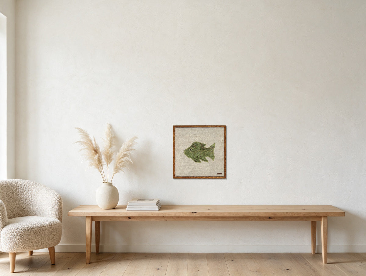 Olive Green Kilim Fish on Cream woven wall art in a second styled room setting, for scale - WA-FSH-OLI-5050-028