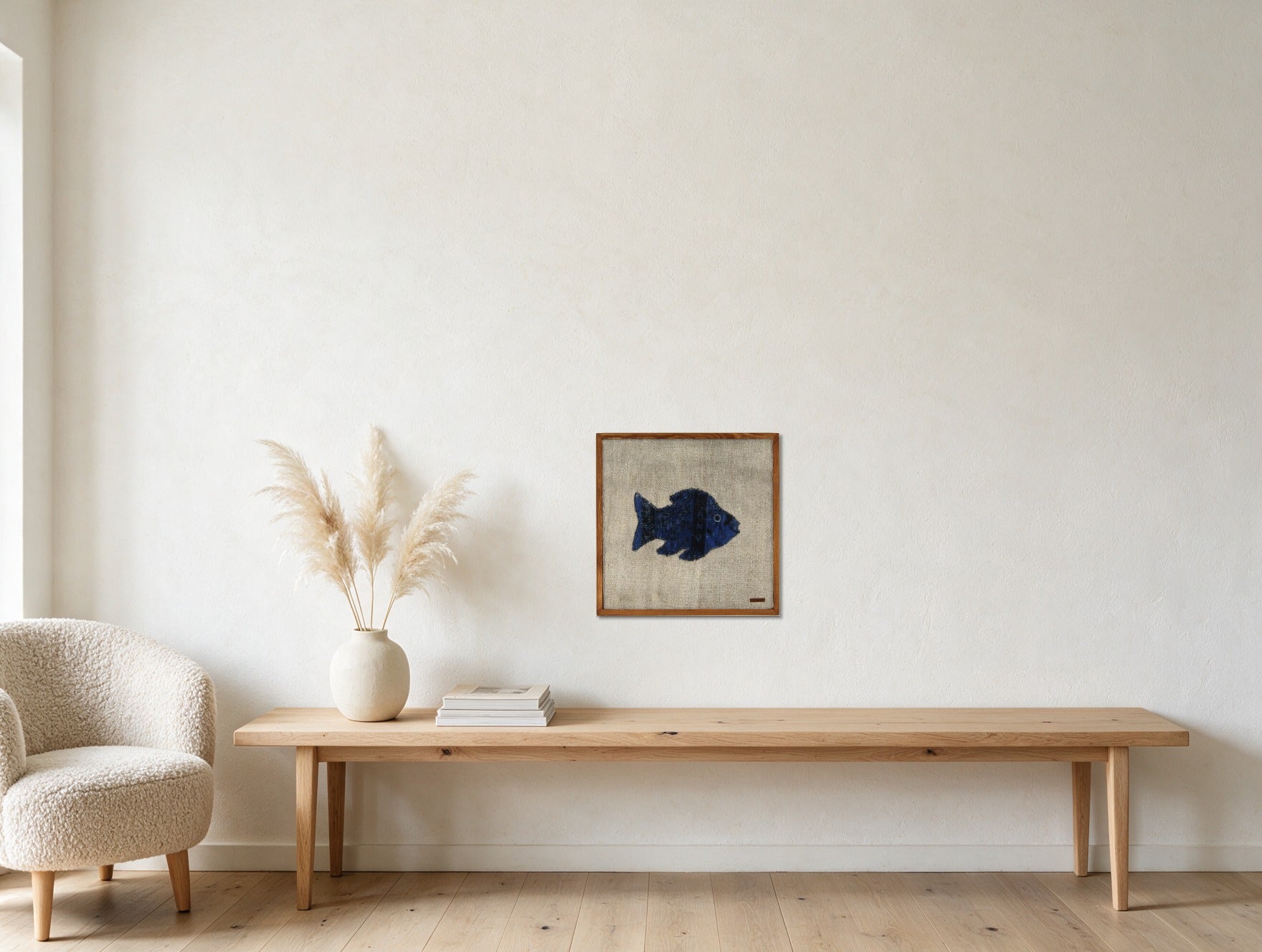 Indigo Kilim Fish on Oatmeal woven wall art shown hanging in a styled room, for scale - WA-FSH-IND-5050-029