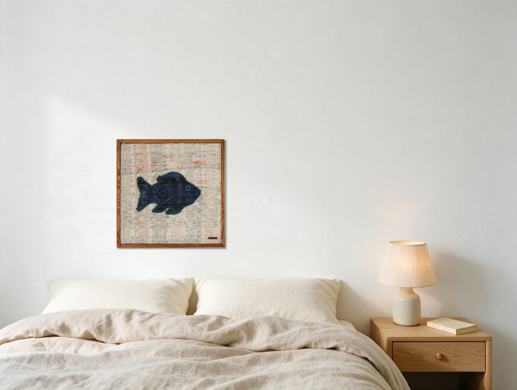 Navy Kilim Fish on Cream Fleck woven wall art shown hanging in a styled room, for scale - WA-FSH-NAV-5050-030