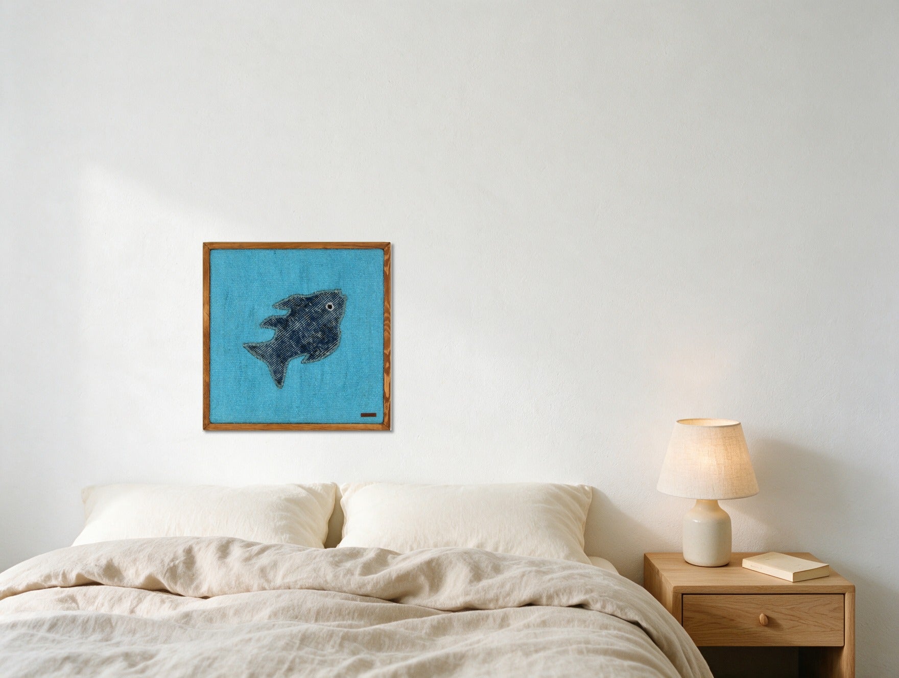 Denim Blue Kilim Fish on Turquoise woven wall art shown hanging in a styled room, for scale - WA-FSH-DEN-5050-032