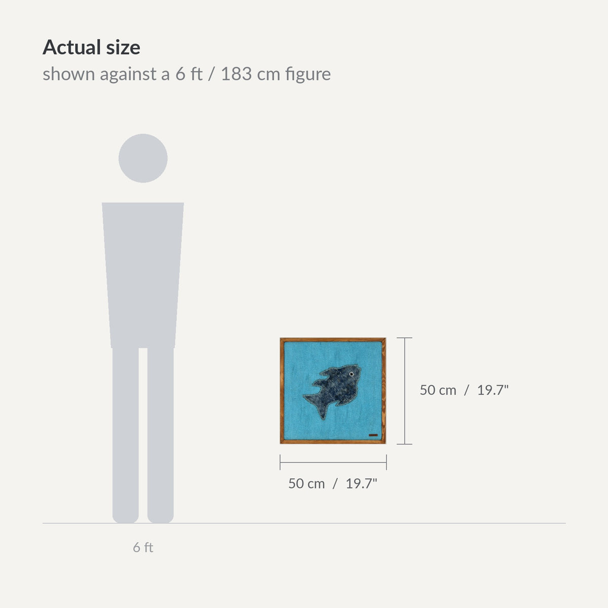 Size guide: 20" x 20" shown against a 6 ft / 183 cm figure - WA-FSH-DEN-5050-032