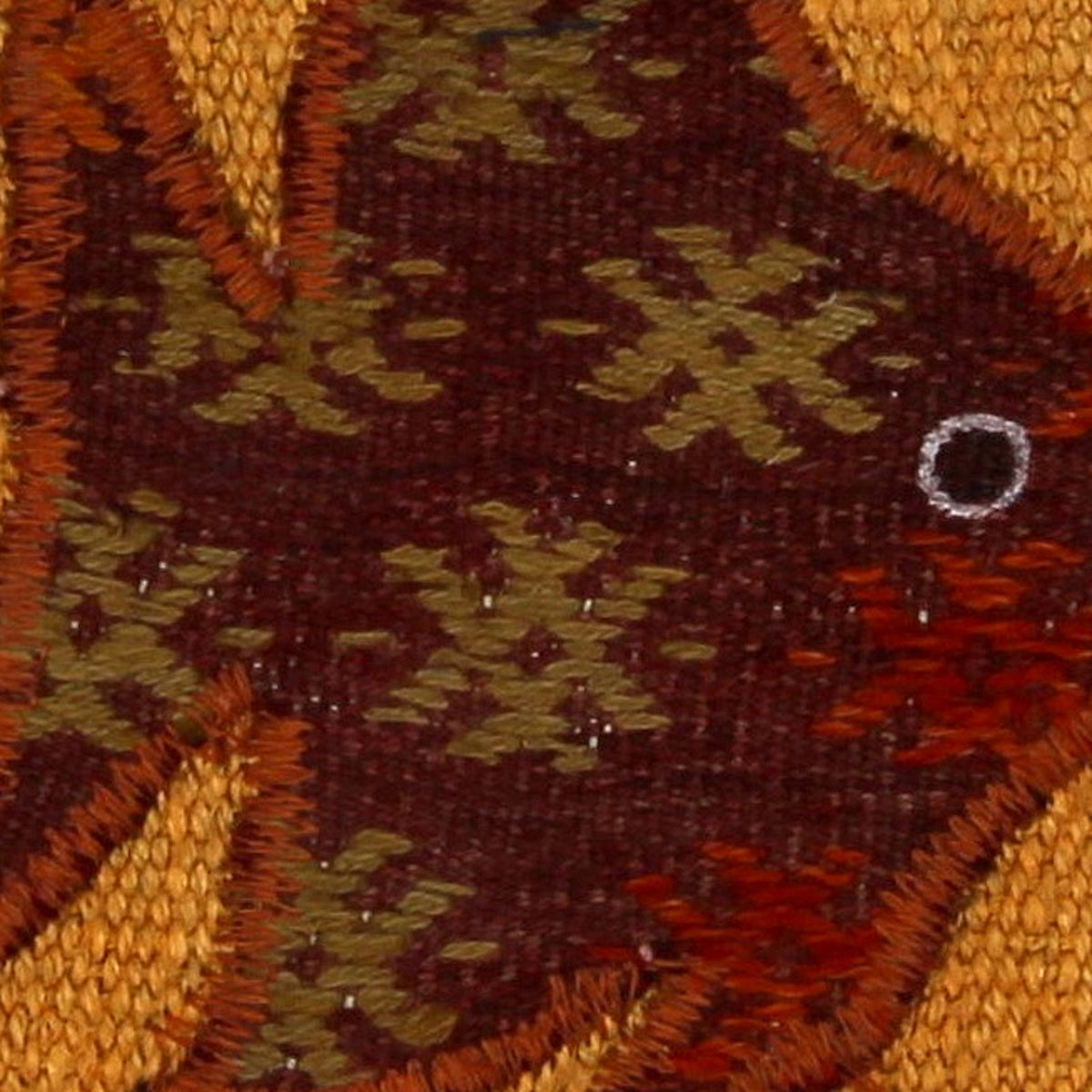 Close-up of the handwoven kilim weave - Burgundy & Cream Kilim Fish on Marigold Orange - WA-FSH-BUR-5050-033 - Arconiz