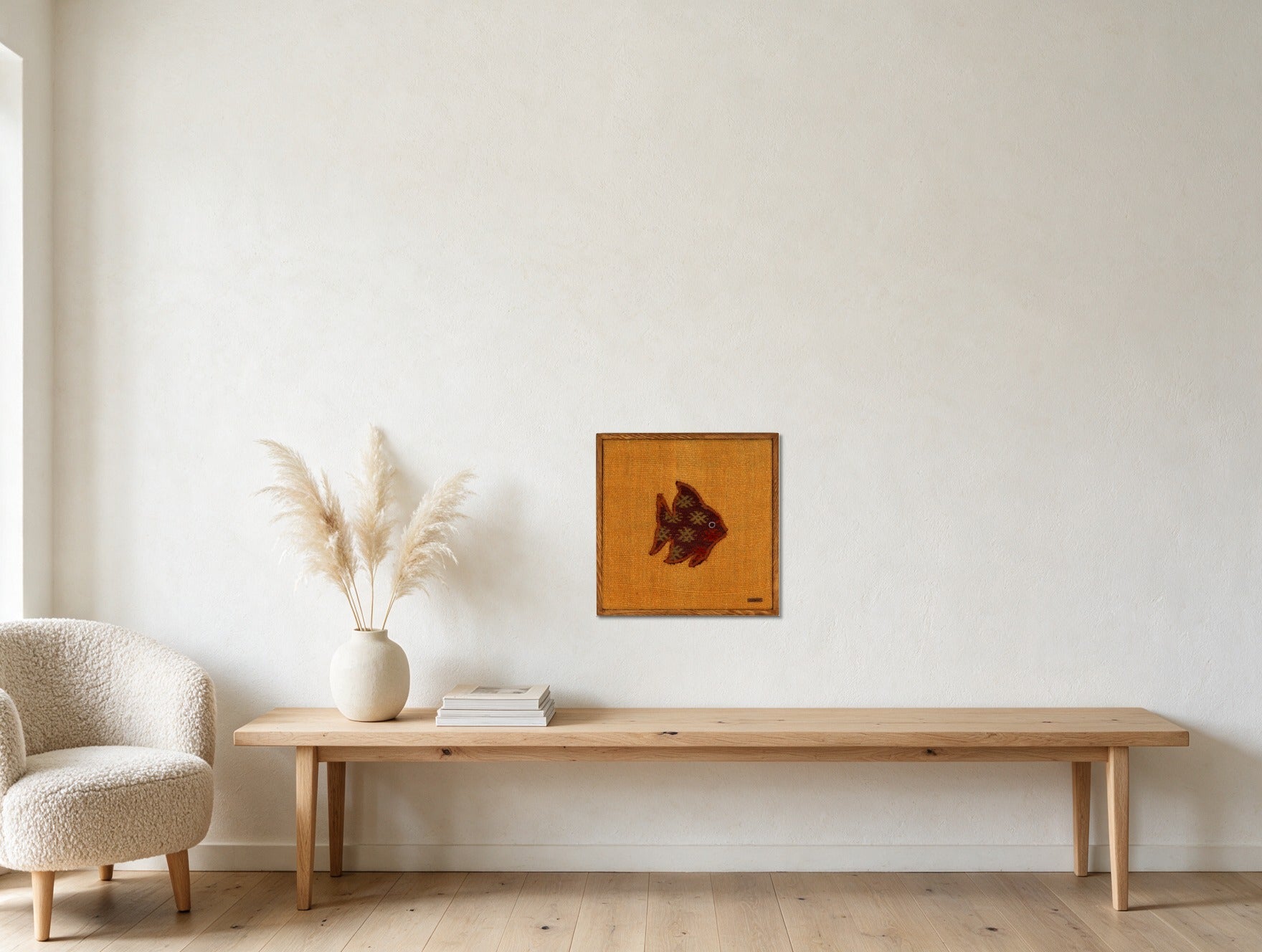 Burgundy & Cream Kilim Fish on Marigold Orange woven wall art shown hanging in a styled room, for scale - WA-FSH-BUR-5050-033