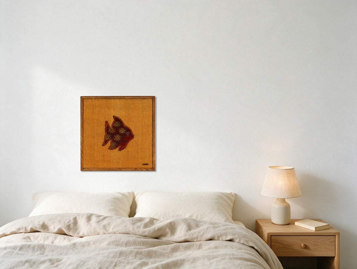 Burgundy & Cream Kilim Fish on Marigold Orange woven wall art in a second styled room setting, for scale - WA-FSH-BUR-5050-033