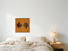 Red & Olive Kilim Fish on Marigold Orange woven wall art shown hanging in a styled room, for scale - WA-FSP-RED-5050-034