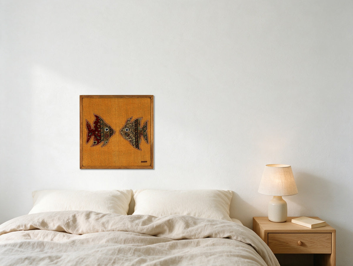 Red & Olive Kilim Fish on Marigold Orange woven wall art shown hanging in a styled room, for scale - WA-FSP-RED-5050-034