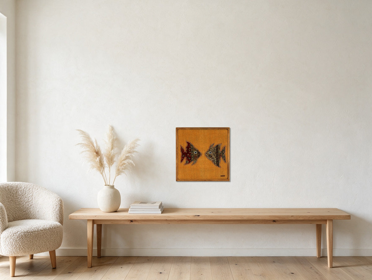 Red & Olive Kilim Fish on Marigold Orange woven wall art in a second styled room setting, for scale - WA-FSP-RED-5050-034