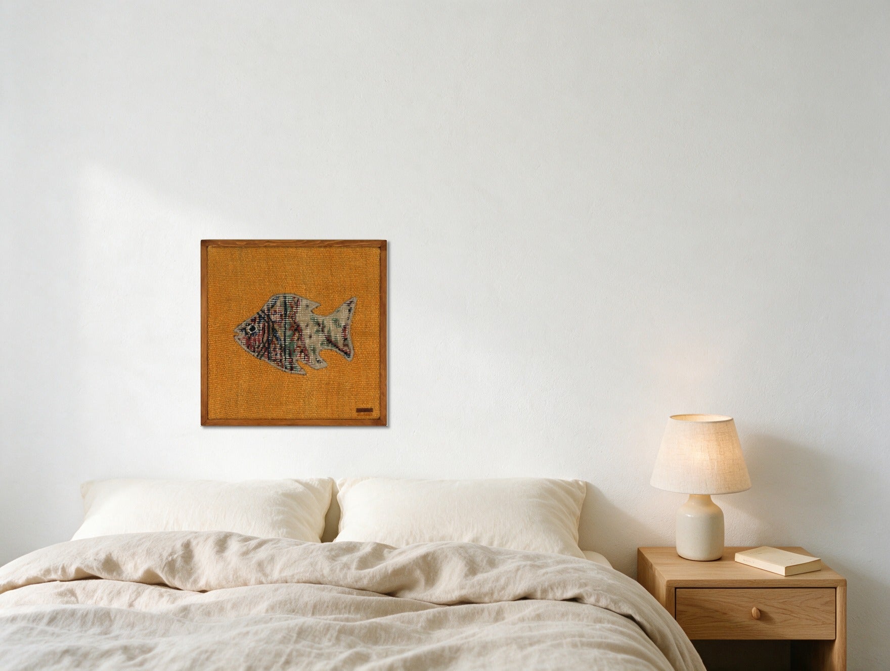 Multicolor Kilim Fish on Marigold Orange woven wall art in a second styled room setting, for scale - WA-FSH-MUL-5050-035