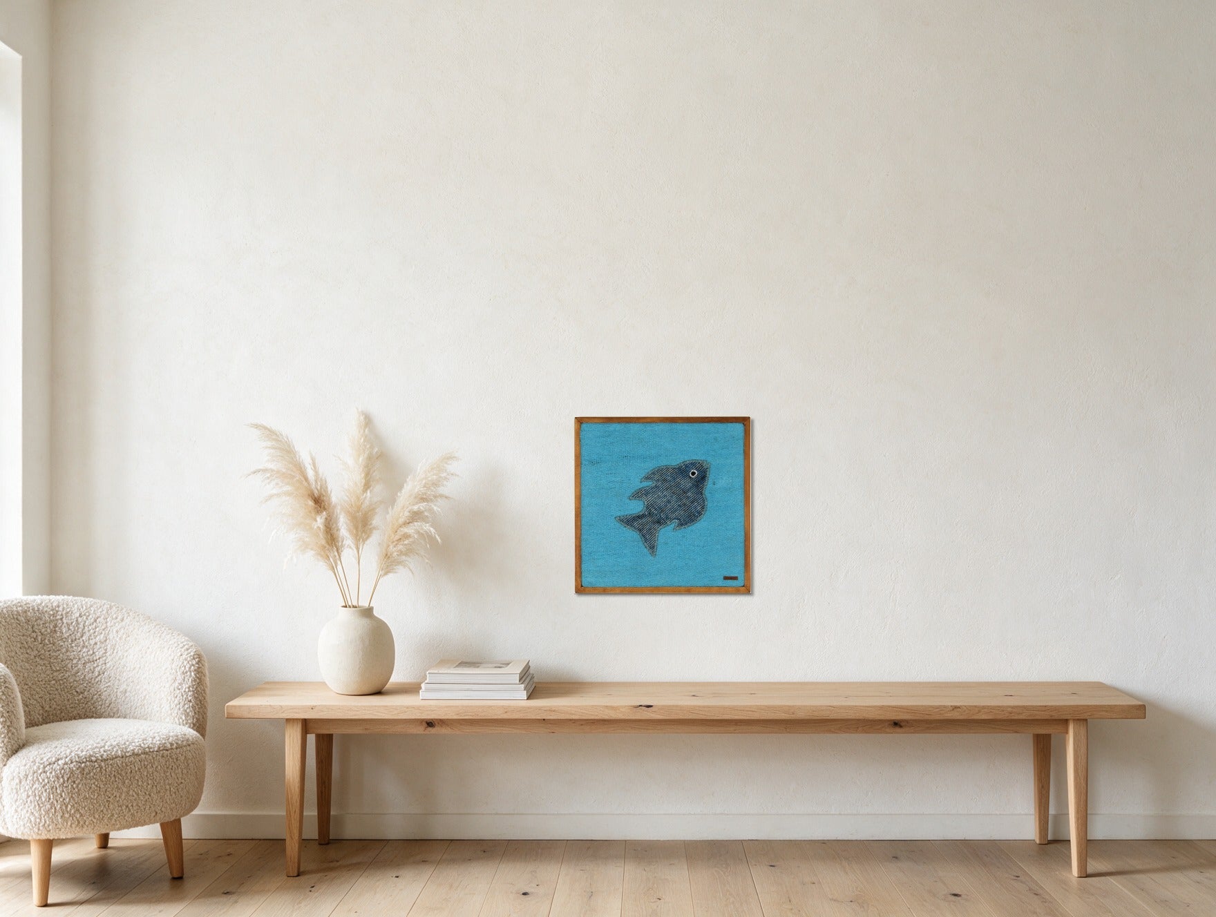 Navy Kilim Fish on Turquoise woven wall art in a second styled room setting, for scale - WA-FSH-NAV-5050-036