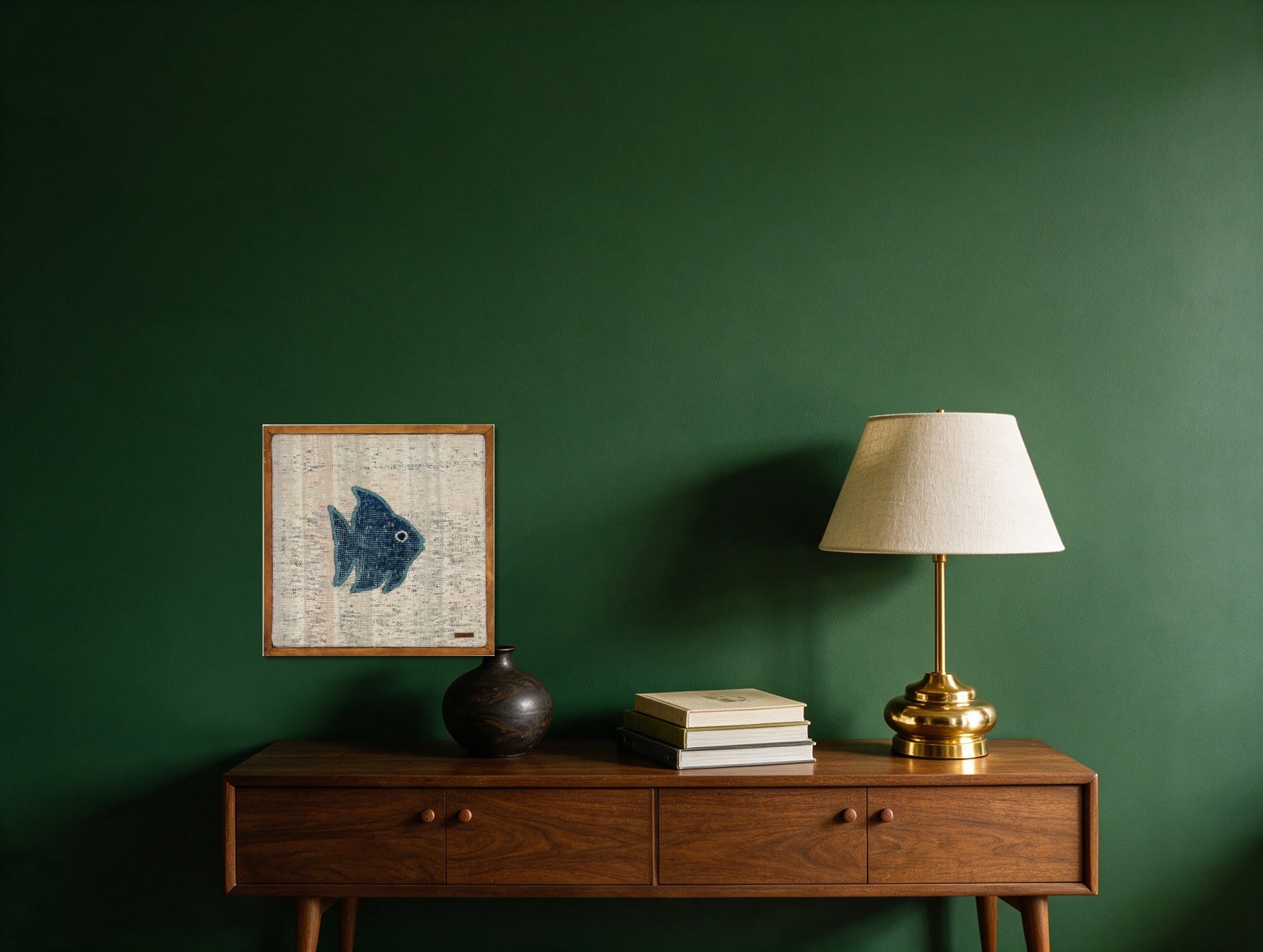 Teal Kilim Fish on Cream & Blush Stripe woven wall art in a second styled room setting, for scale - WA-FSH-TEA-5050-037