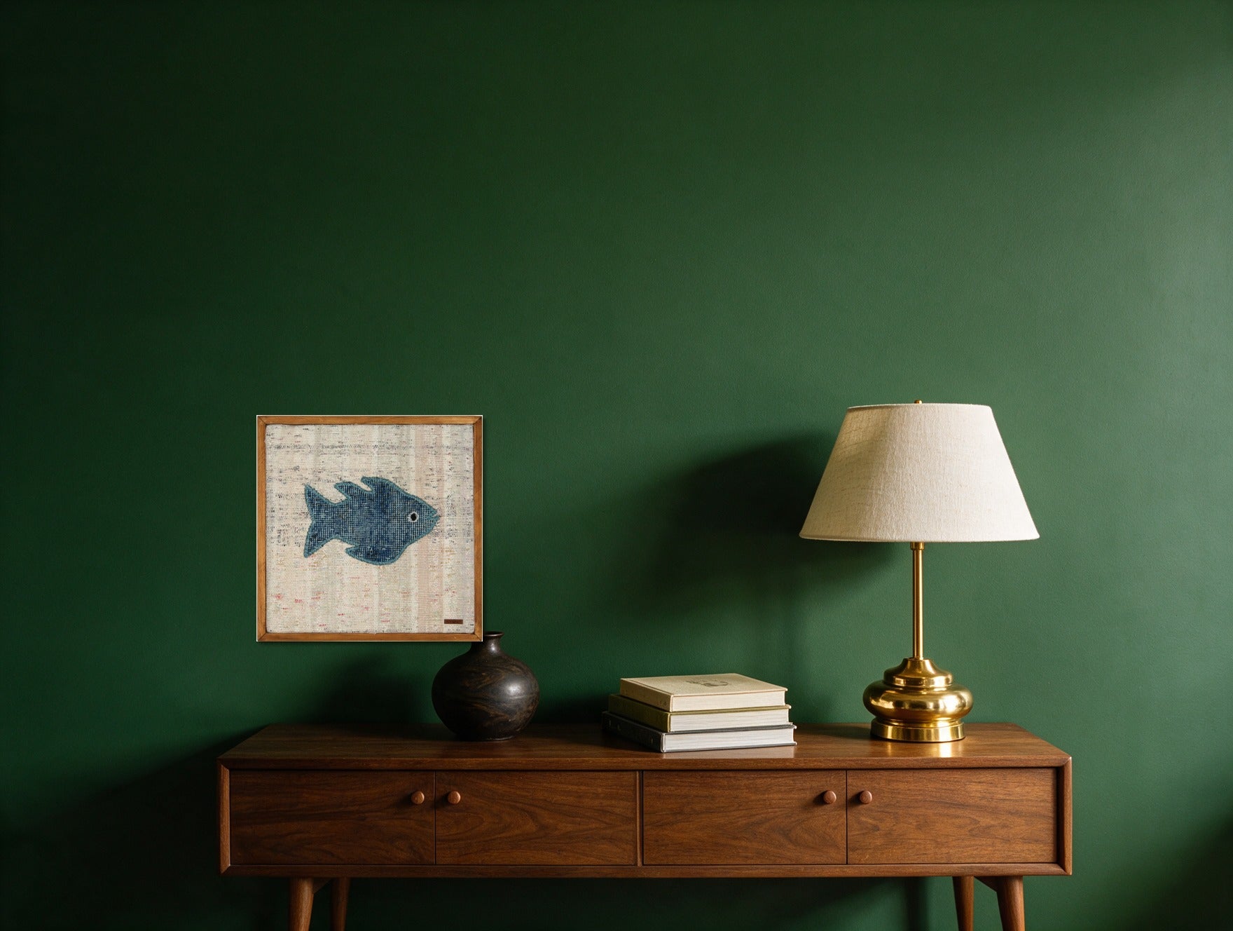 Teal Kilim Fish on Cream & Blush Stripe woven wall art in a second styled room setting, for scale - WA-FSH-TEA-5050-039