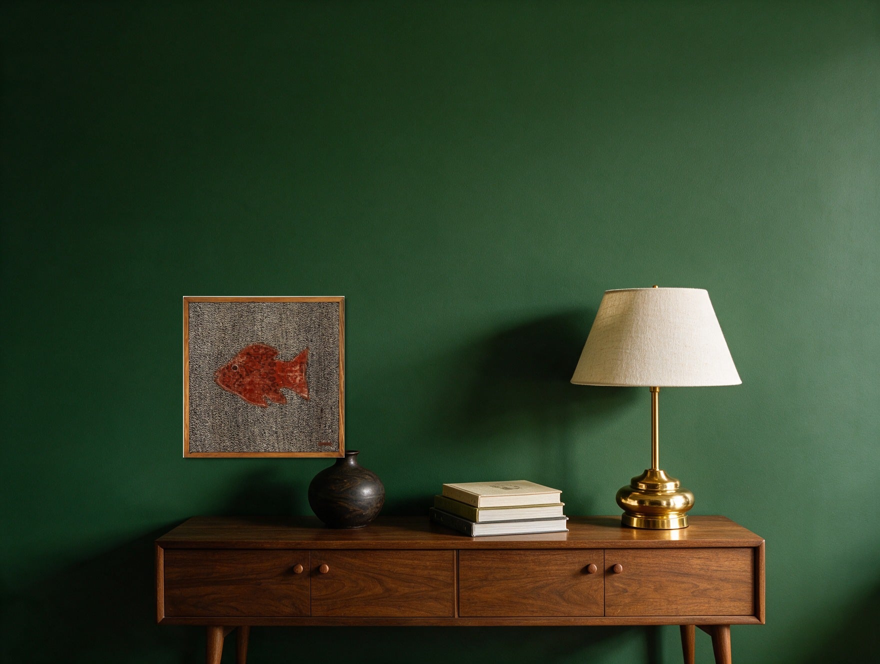 Orange Red Kilim Fish on Charcoal Fleck woven wall art shown hanging in a styled room, for scale - WA-FSH-ORA-5050-040