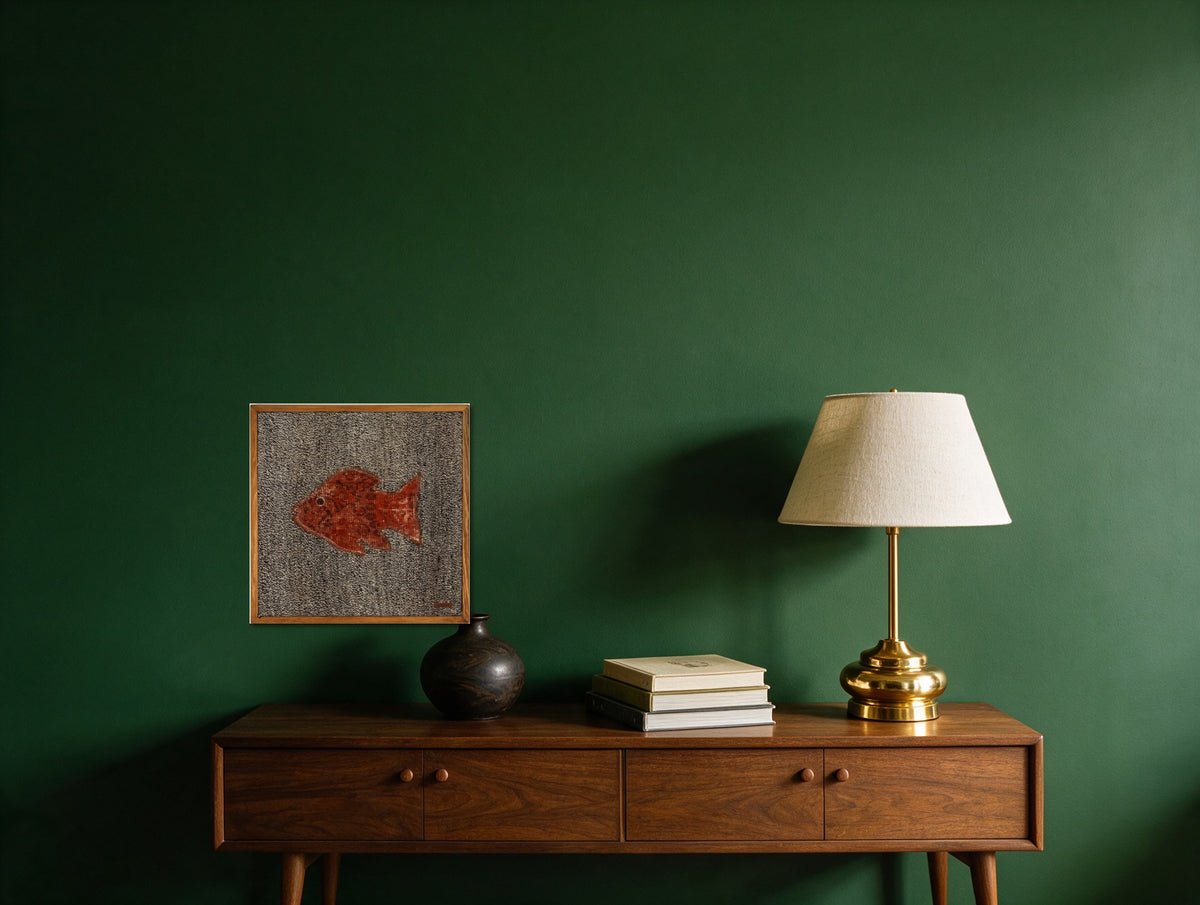 Orange Red Kilim Fish on Charcoal Fleck woven wall art shown hanging in a styled room, for scale - WA-FSH-ORA-5050-040