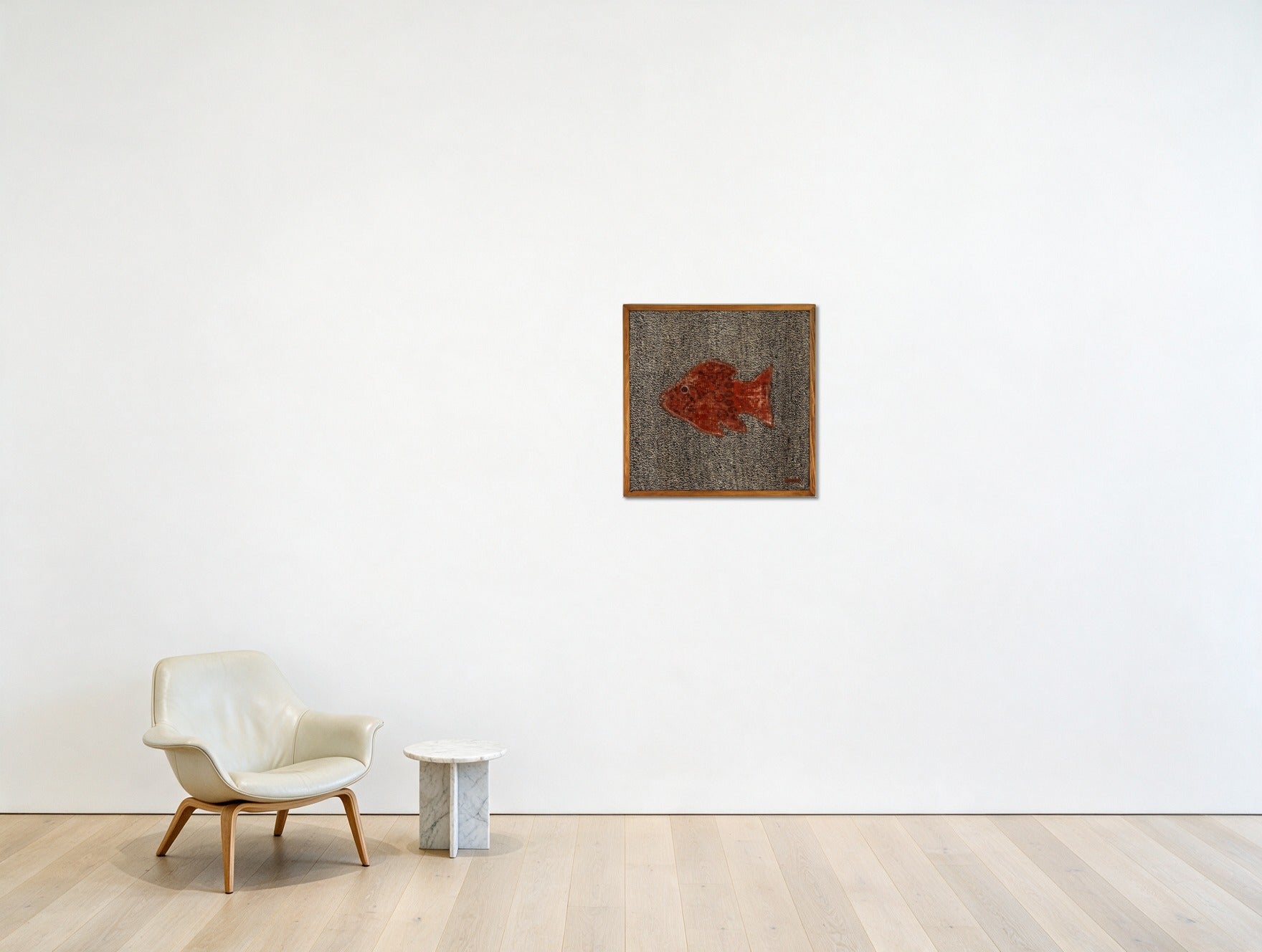 Orange Red Kilim Fish on Charcoal Fleck woven wall art in a second styled room setting, for scale - WA-FSH-ORA-5050-040