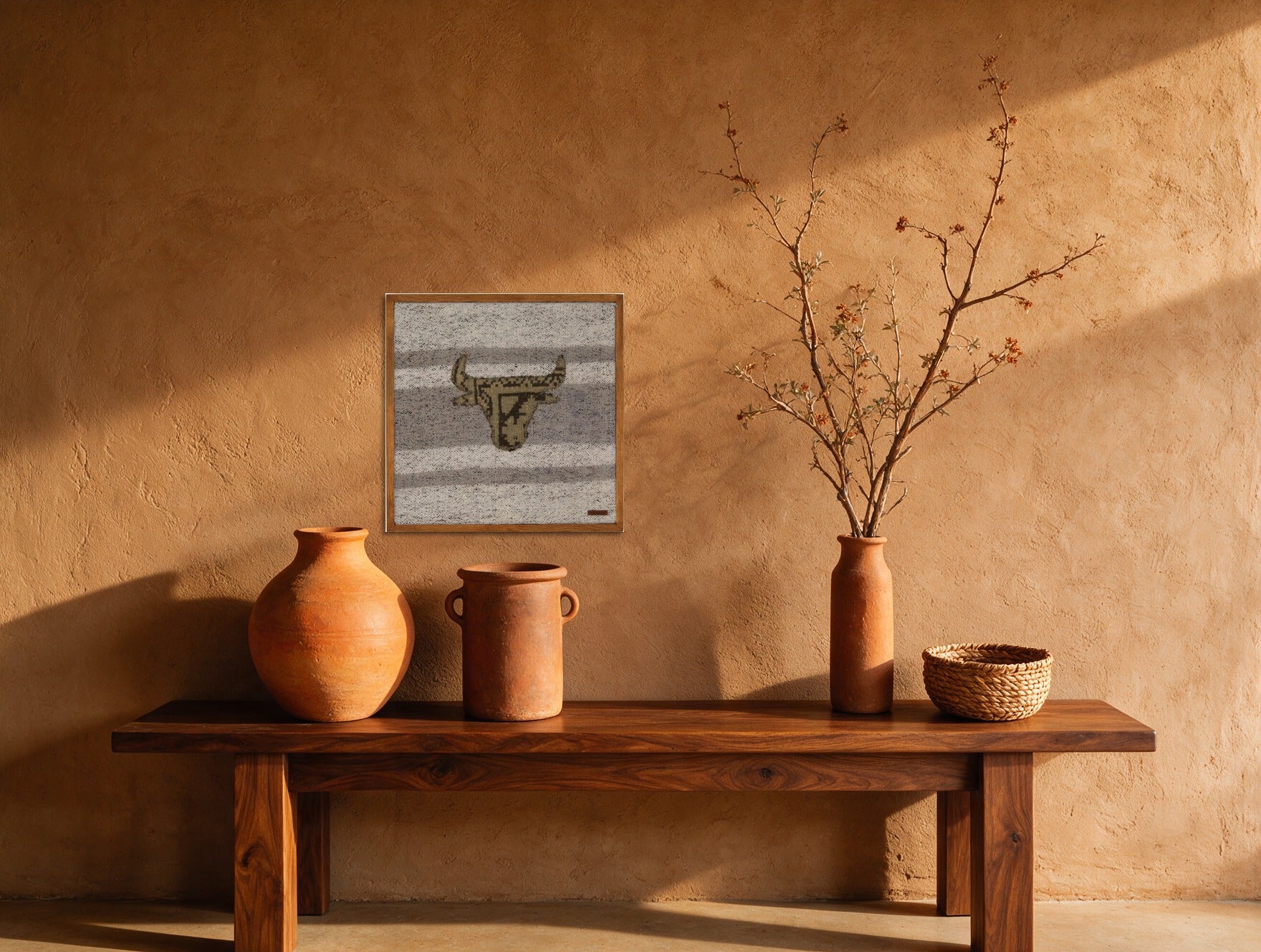 Olive & Charcoal Kilim Bull on Grey Stripe woven wall art in a second styled room setting, for scale - WA-BUL-OLI-5050-042