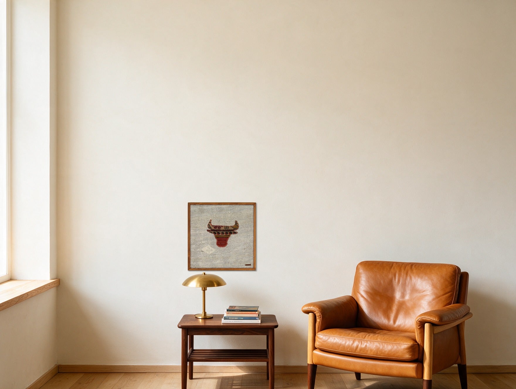 Tan & Red Kilim Bull on Pale Grey woven wall art in a second styled room setting, for scale - WA-BUL-TAN-5050-043