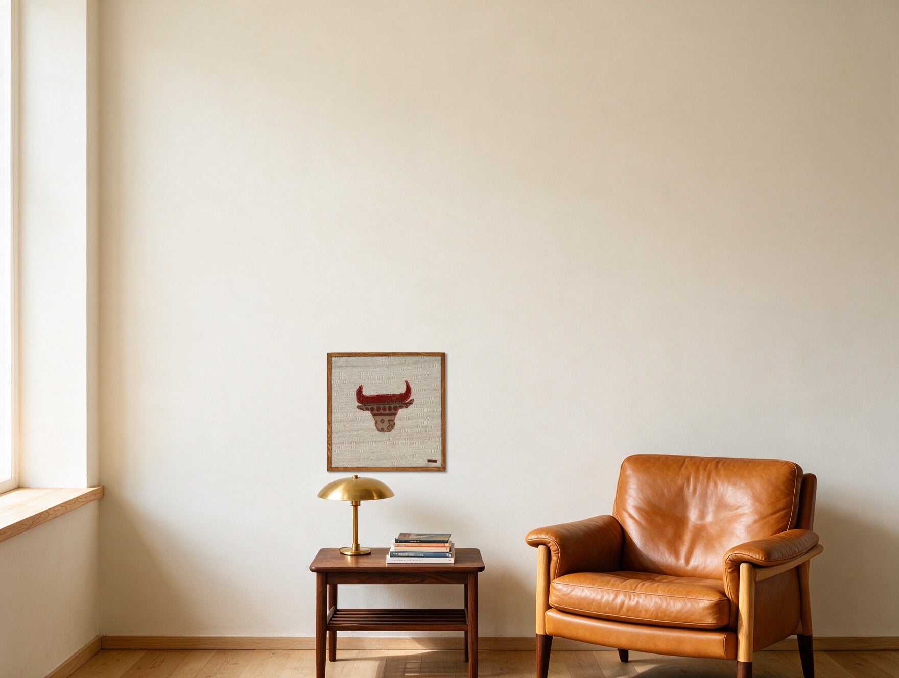 Red & Tan Kilim Bull on Cream woven wall art shown hanging in a styled room, for scale - WA-BUL-RED-5050-044