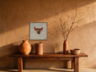 Red & Tan Kilim Bull on Pale Grey woven wall art in a second styled room setting, for scale - WA-BUL-RED-5050-046