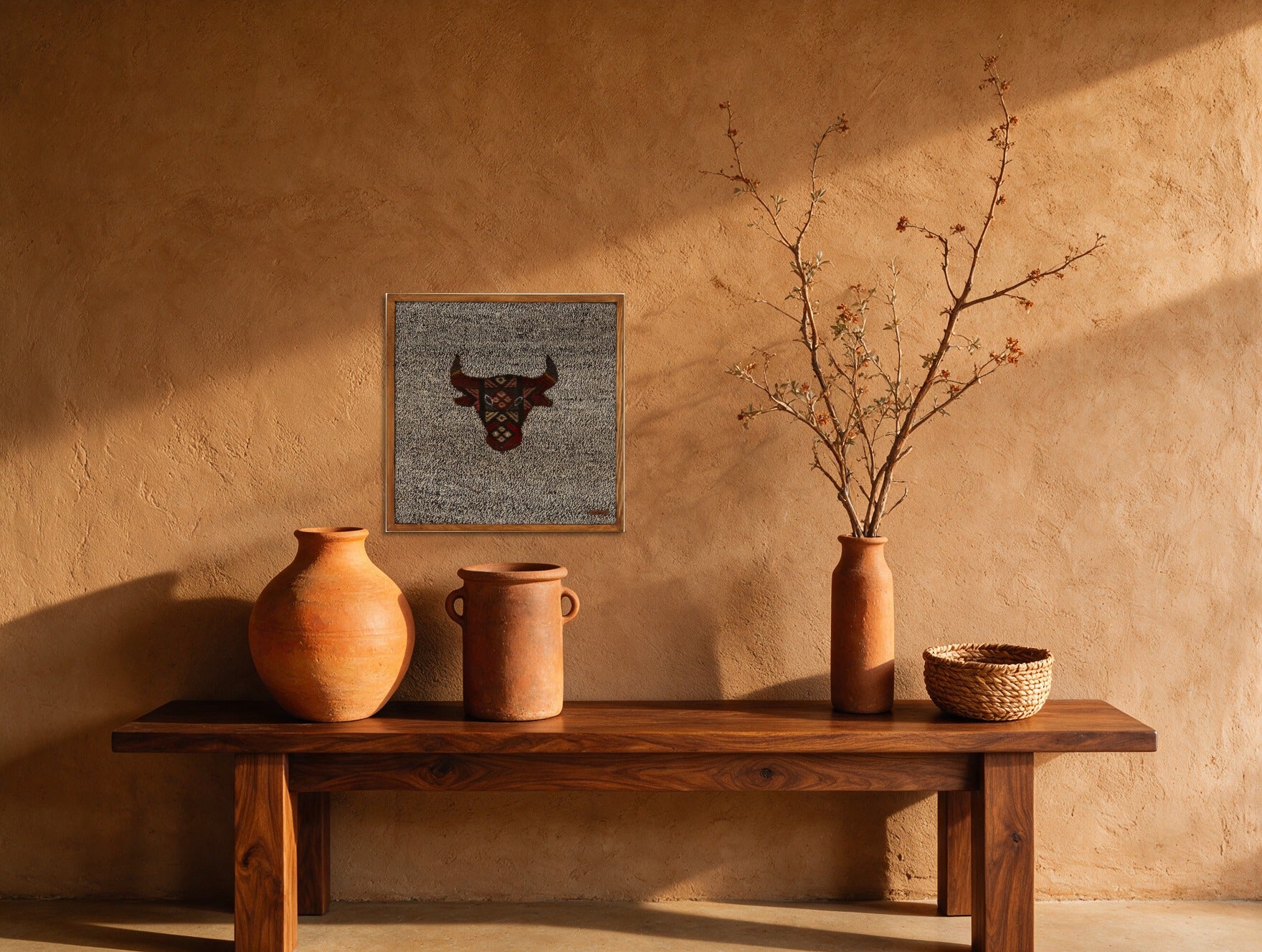 Deep Burgundy Kilim Bull on Charcoal Fleck woven wall art shown hanging in a styled room, for scale - WA-BUL-DEE-5050-047