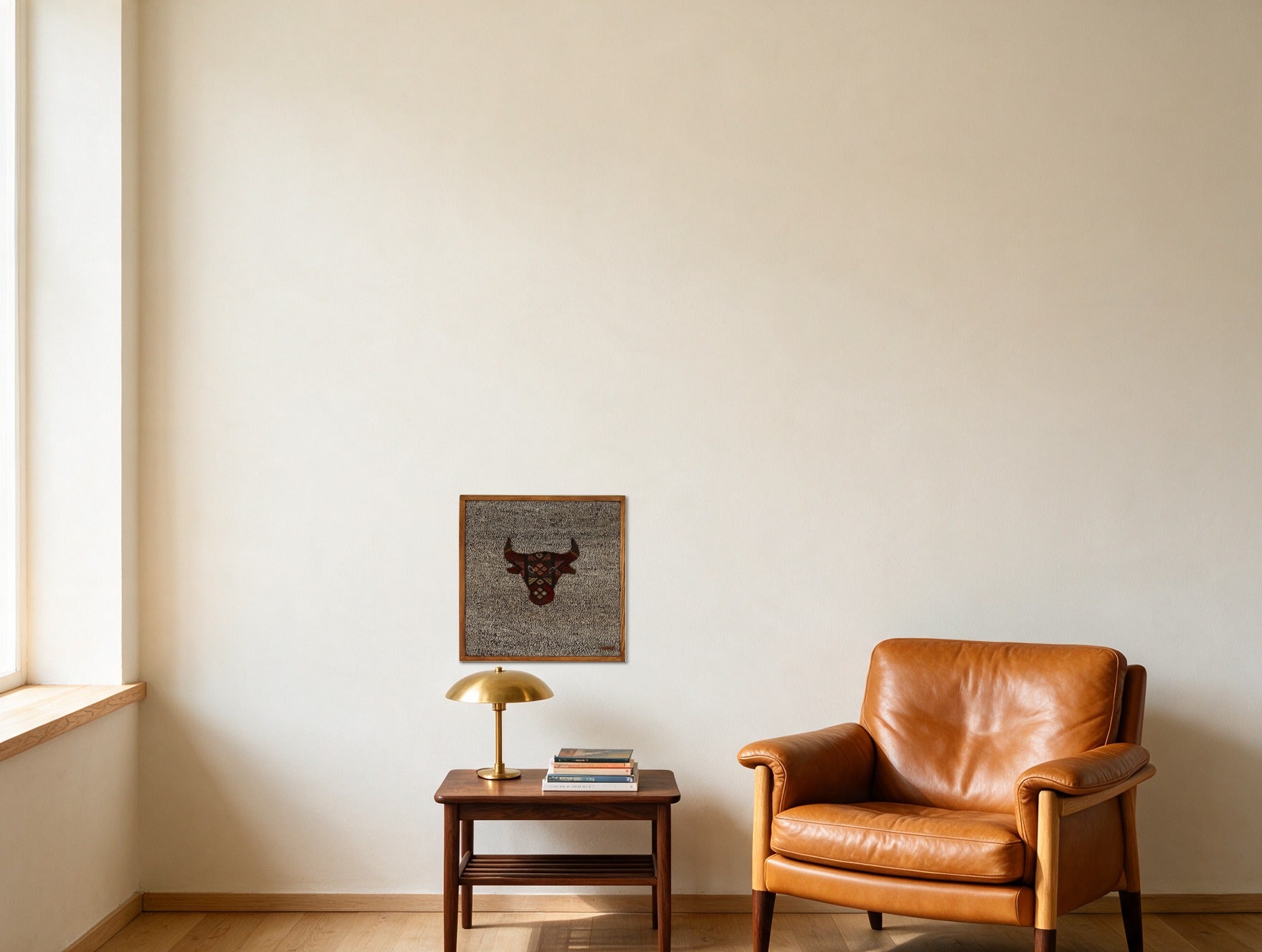 Deep Burgundy Kilim Bull on Charcoal Fleck woven wall art in a second styled room setting, for scale - WA-BUL-DEE-5050-047