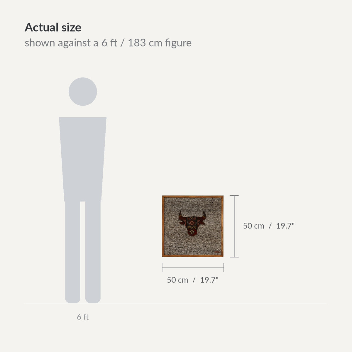 Size guide: 20" x 20" shown against a 6 ft / 183 cm figure - WA-BUL-DEE-5050-047