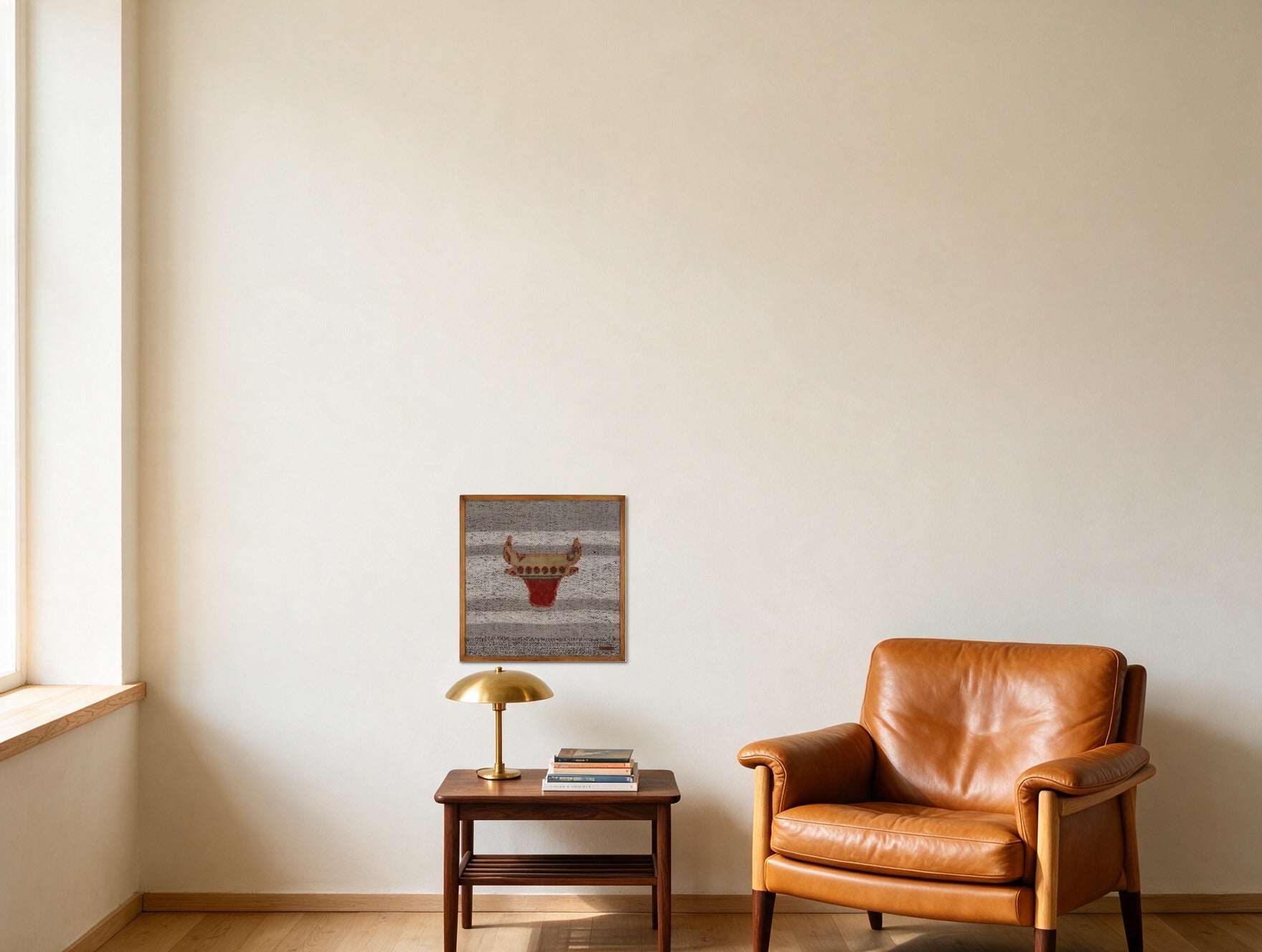Tan & Red Kilim Bull on Grey Band woven wall art in a second styled room setting, for scale - WA-BUL-TAN-5050-049
