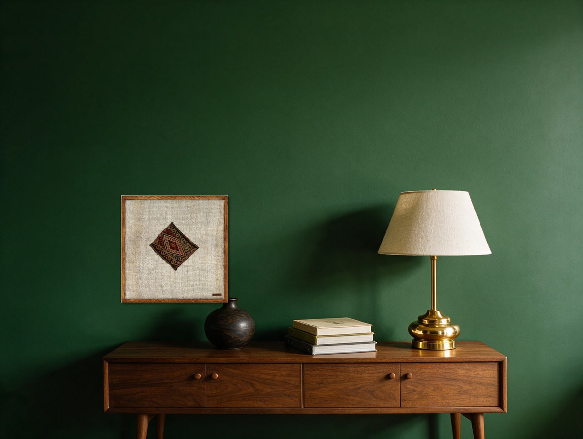 Red, Gold & Black Kilim Medallion on Cream woven wall art shown hanging in a styled room, for scale - WA-MED-RED-5050-050
