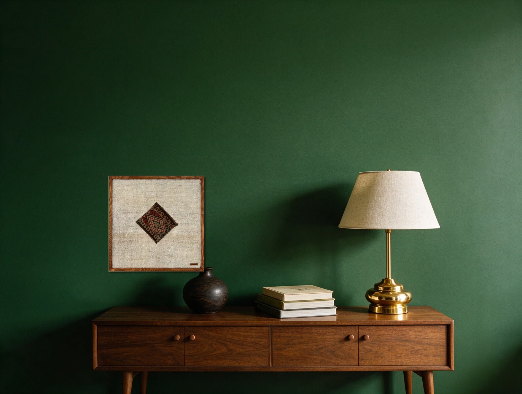 Red, Gold & Black Kilim Medallion on Cream woven wall art in a second styled room setting, for scale - WA-MED-RED-5050-051