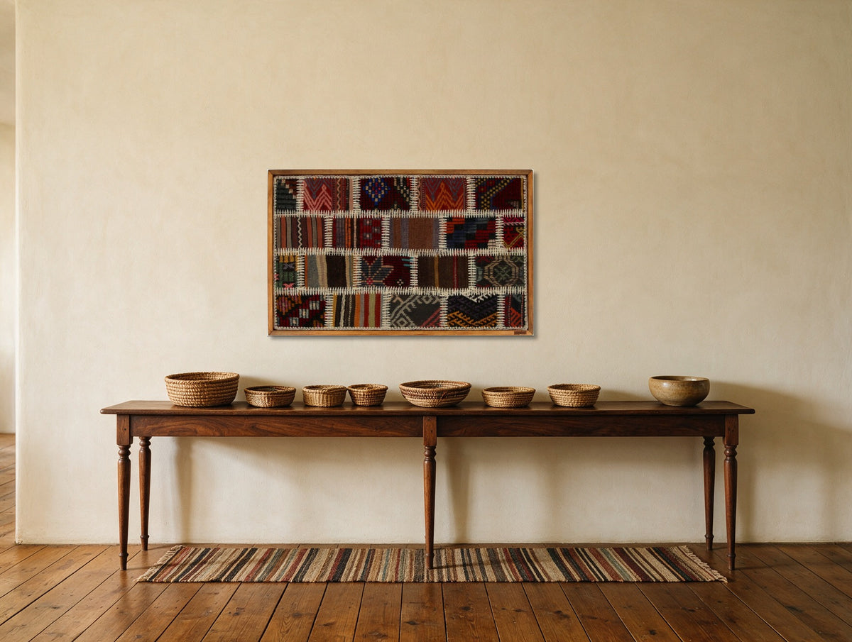 Red, Navy & Ochre Kilim Patchwork on Multicolor woven wall art shown hanging in a styled room, for scale - WA-PCH-RED-8855-052