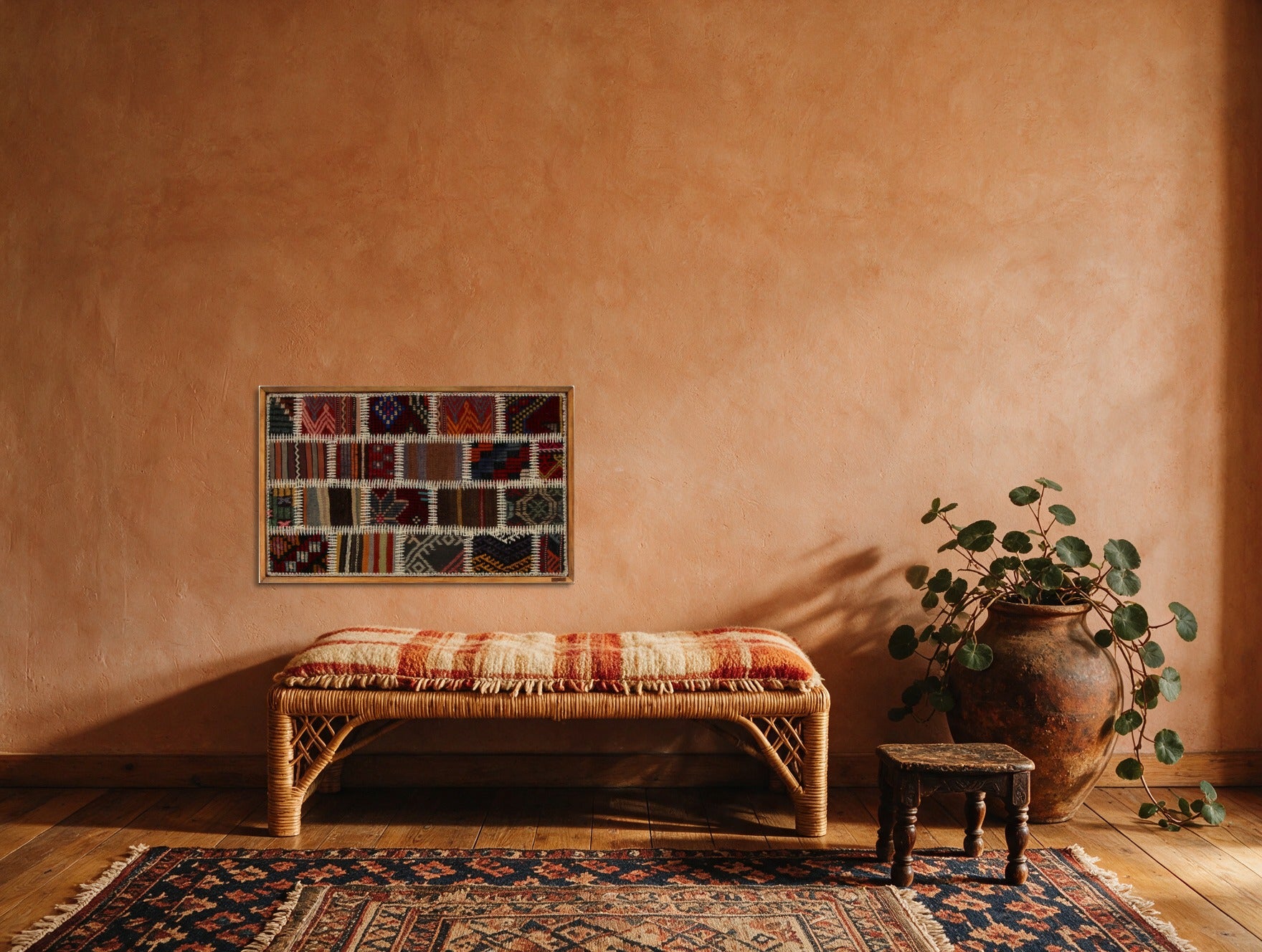 Red, Navy & Ochre Kilim Patchwork on Multicolor woven wall art in a second styled room setting, for scale - WA-PCH-RED-8855-052