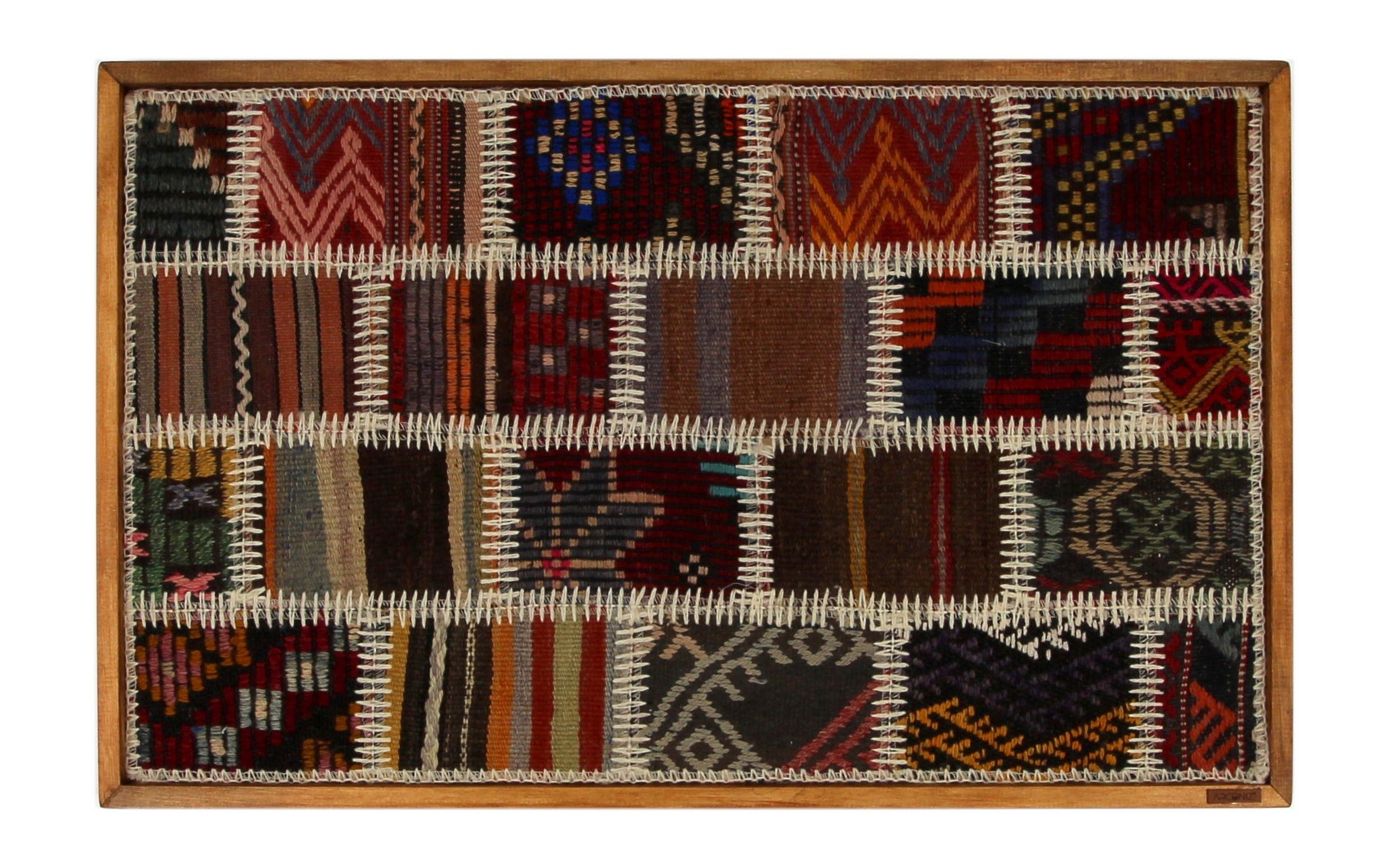 Red, Navy & Ochre Kilim Patchwork woven wall art 35" x 22" - WA-PCH-RED-8855-052 - Arconiz