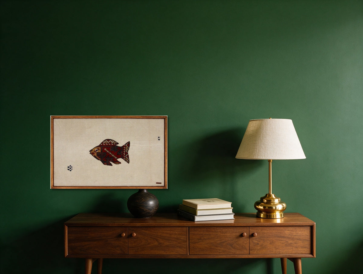 Red & Ochre Kilim Fish on Cream woven wall art in a second styled room setting, for scale - WA-FSH-RED-8855-053