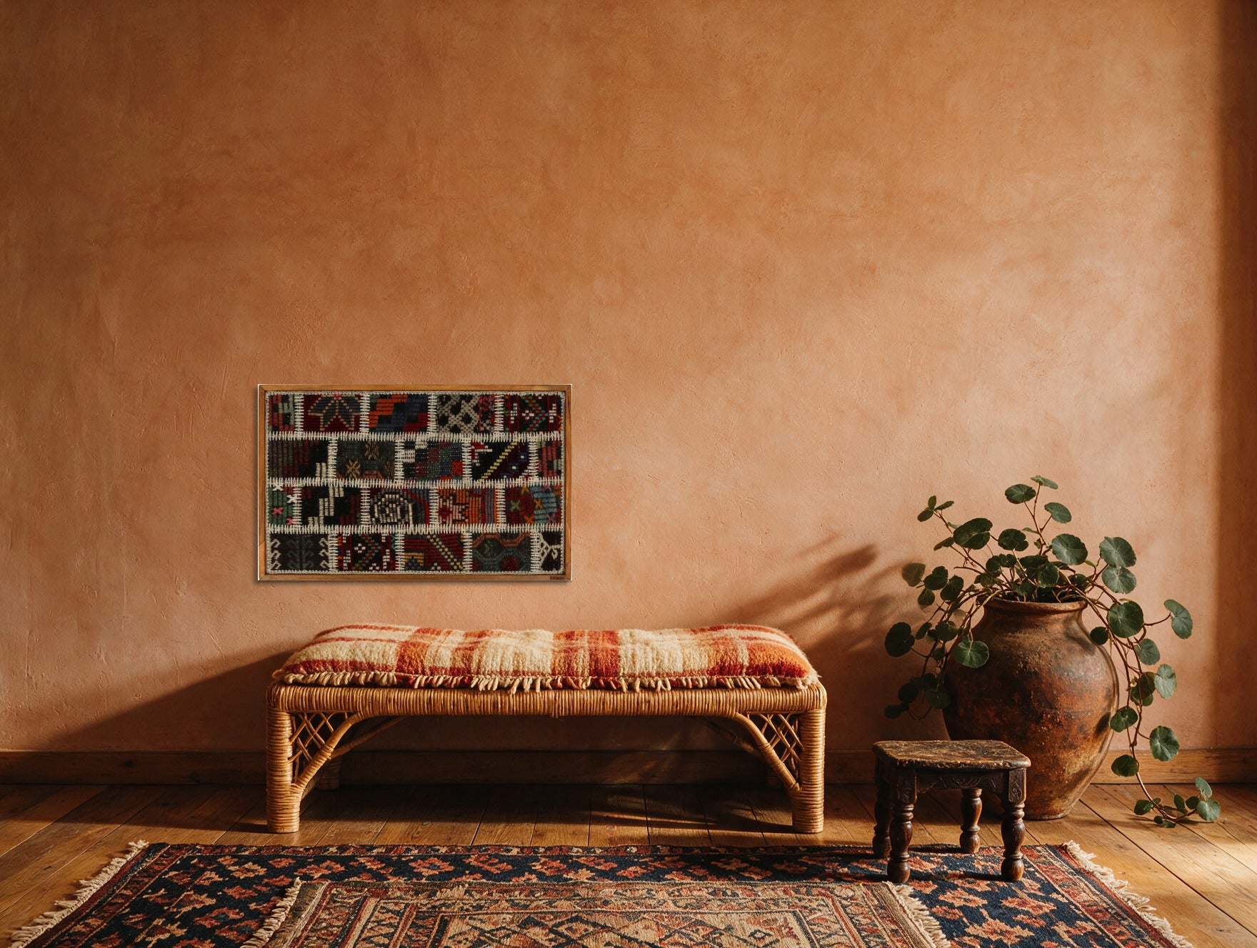 Red, Black & Teal Kilim Patchwork on Multicolor woven wall art in a second styled room setting, for scale - WA-PCH-RED-8855-054