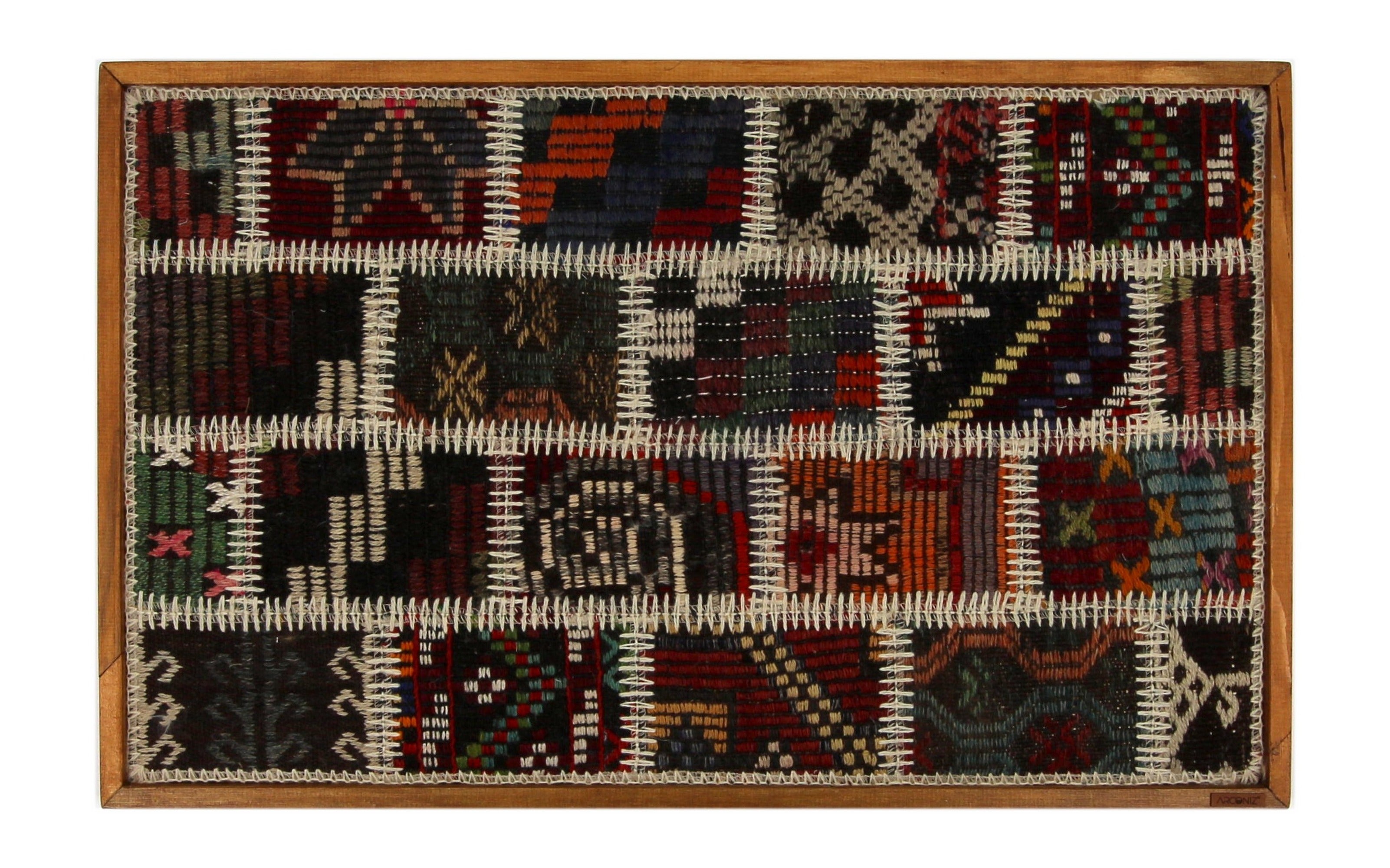 Red, Black & Teal Kilim Patchwork woven wall art 35" x 22" - WA-PCH-RED-8855-054 - Arconiz