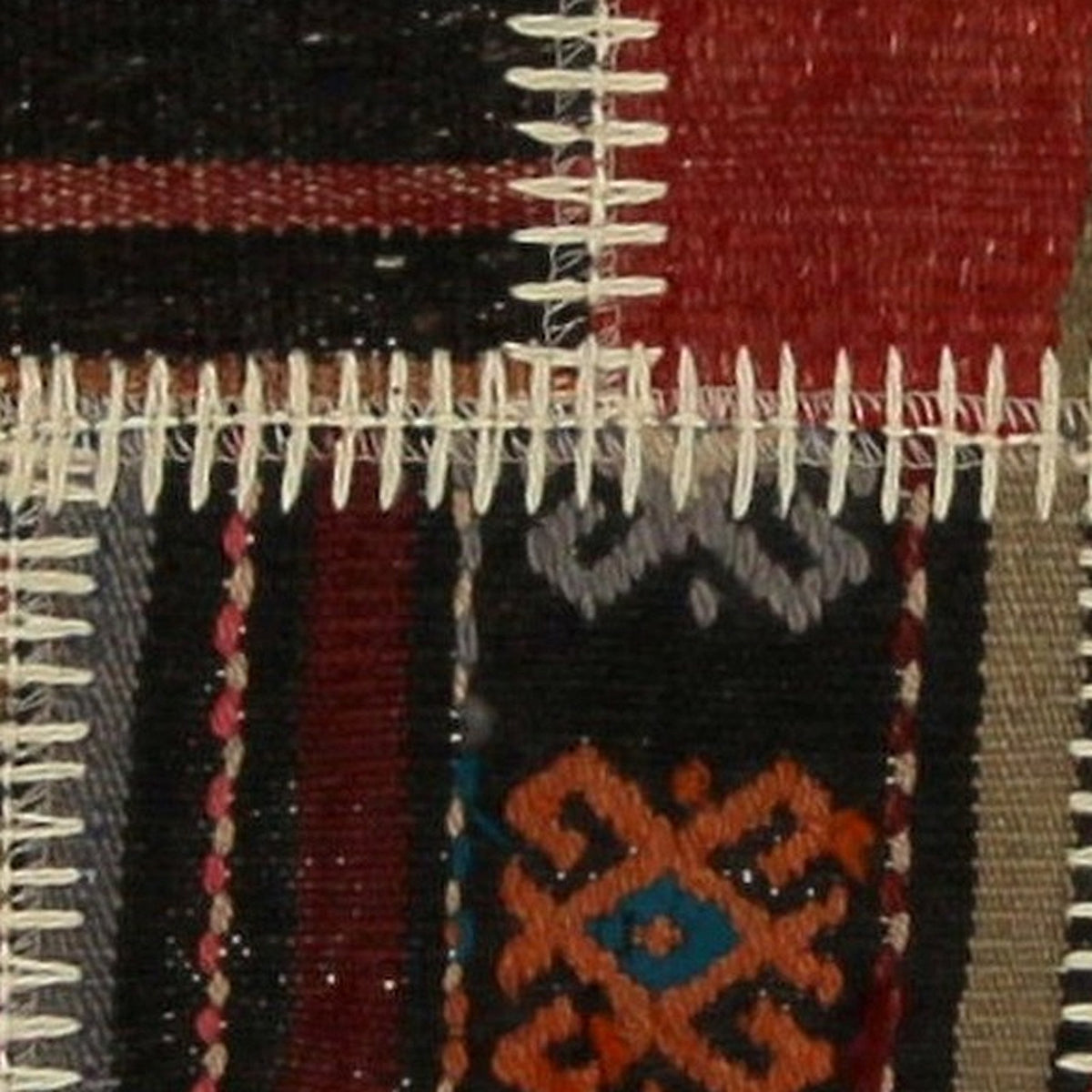 Close-up of the handwoven kilim weave - Rust, Black & Cream Kilim Patchwork on Warm Multicolor - WA-PCH-RUS-8855-055 - Arconiz