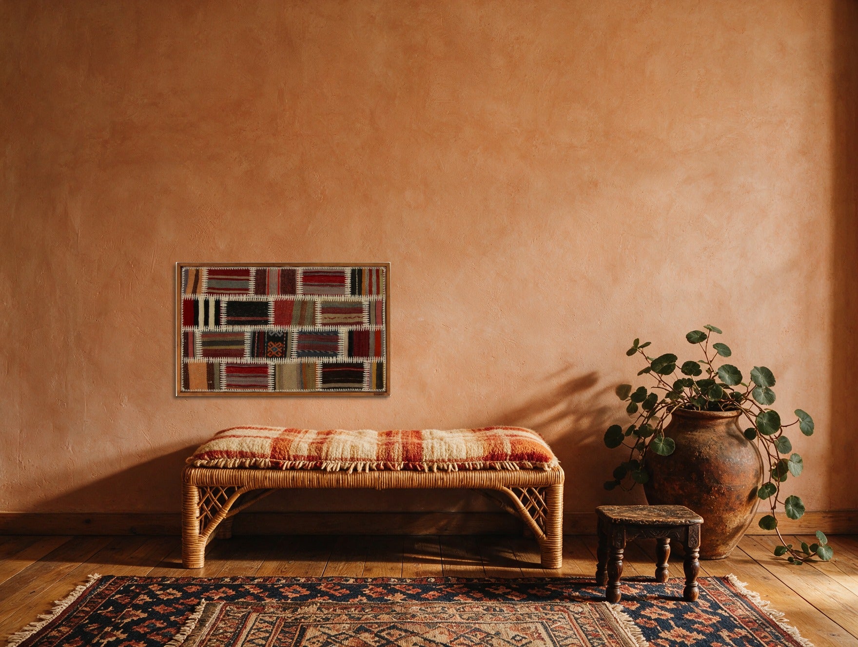 Rust, Black & Cream Kilim Patchwork on Warm Multicolor woven wall art shown hanging in a styled room, for scale - WA-PCH-RUS-8855-055
