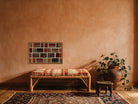 Rust, Black & Cream Kilim Patchwork on Warm Multicolor woven wall art shown hanging in a styled room, for scale - WA-PCH-RUS-8855-055