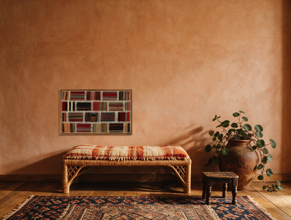 Rust, Black & Cream Kilim Patchwork on Warm Multicolor woven wall art shown hanging in a styled room, for scale - WA-PCH-RUS-8855-055