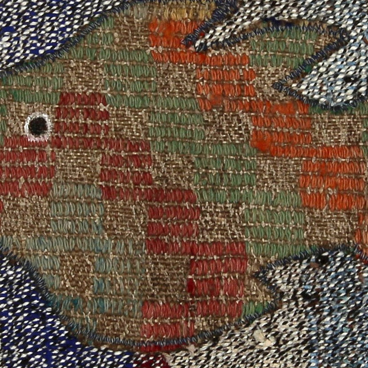 Close-up of the handwoven kilim weave - Olive & Coral Kilim Fish on Blue & Grey Stripe - WA-FSH-OLI-6060-056 - Arconiz