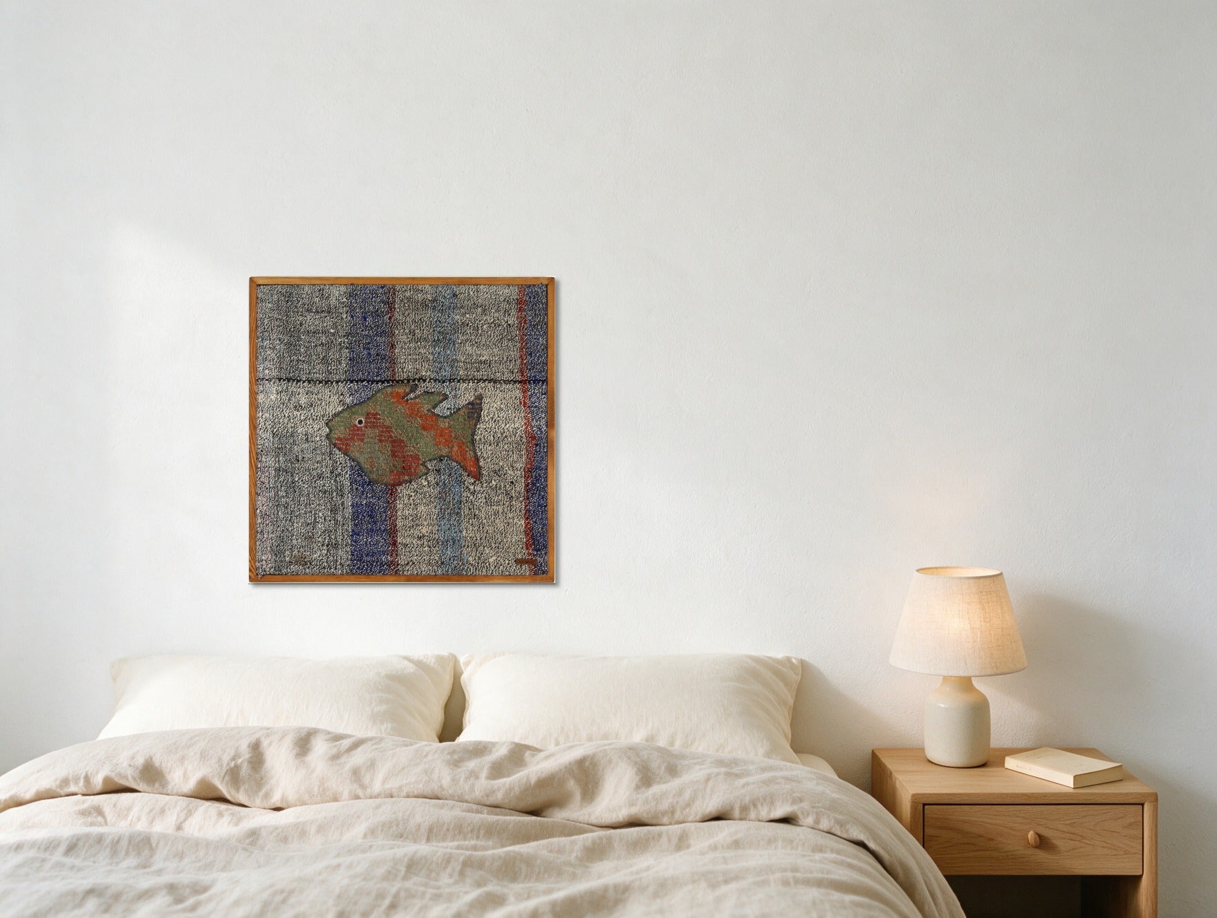Olive & Coral Kilim Fish on Blue & Grey Stripe woven wall art shown hanging in a styled room, for scale - WA-FSH-OLI-6060-056