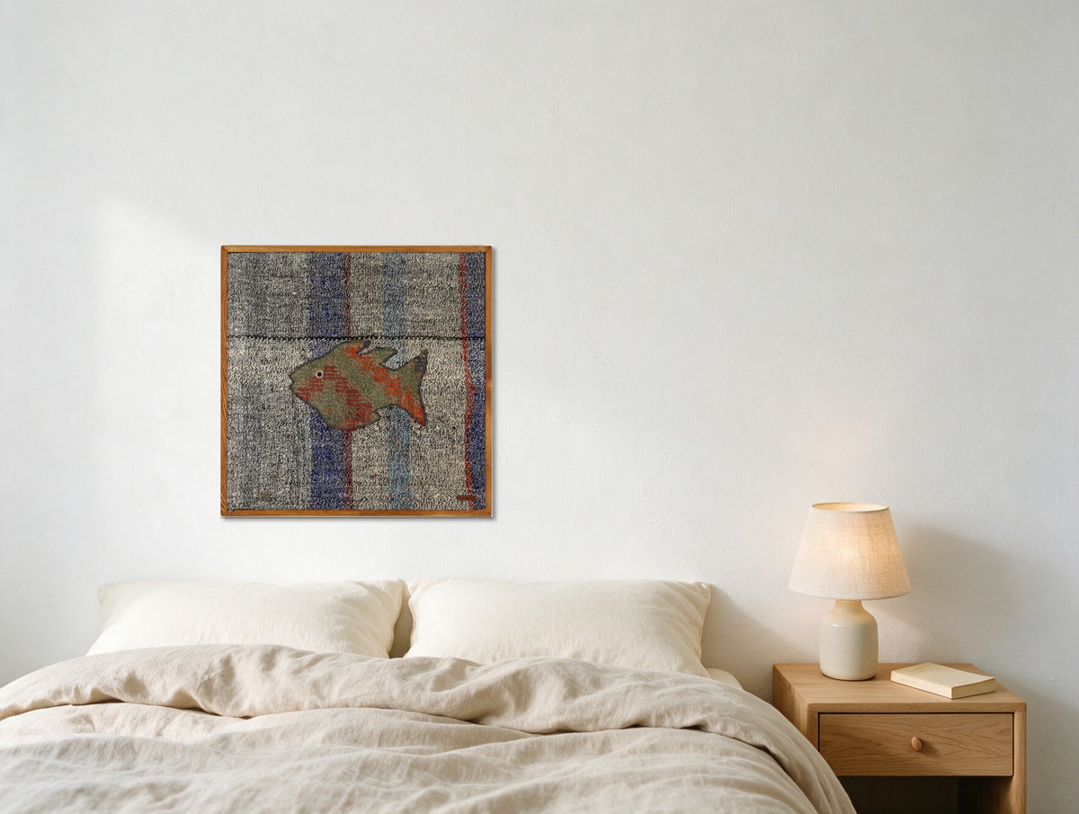 Olive & Coral Kilim Fish on Blue & Grey Stripe woven wall art shown hanging in a styled room, for scale - WA-FSH-OLI-6060-056