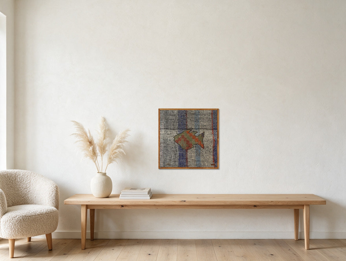 Olive & Coral Kilim Fish on Blue & Grey Stripe woven wall art in a second styled room setting, for scale - WA-FSH-OLI-6060-056